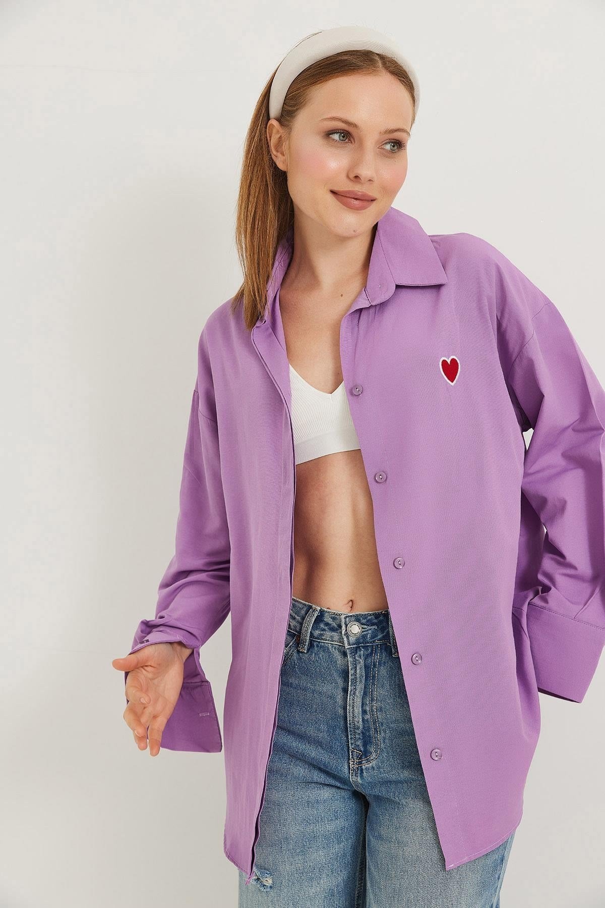 Kalp Nakışlı  Oversize Basic Gömlek Lila
