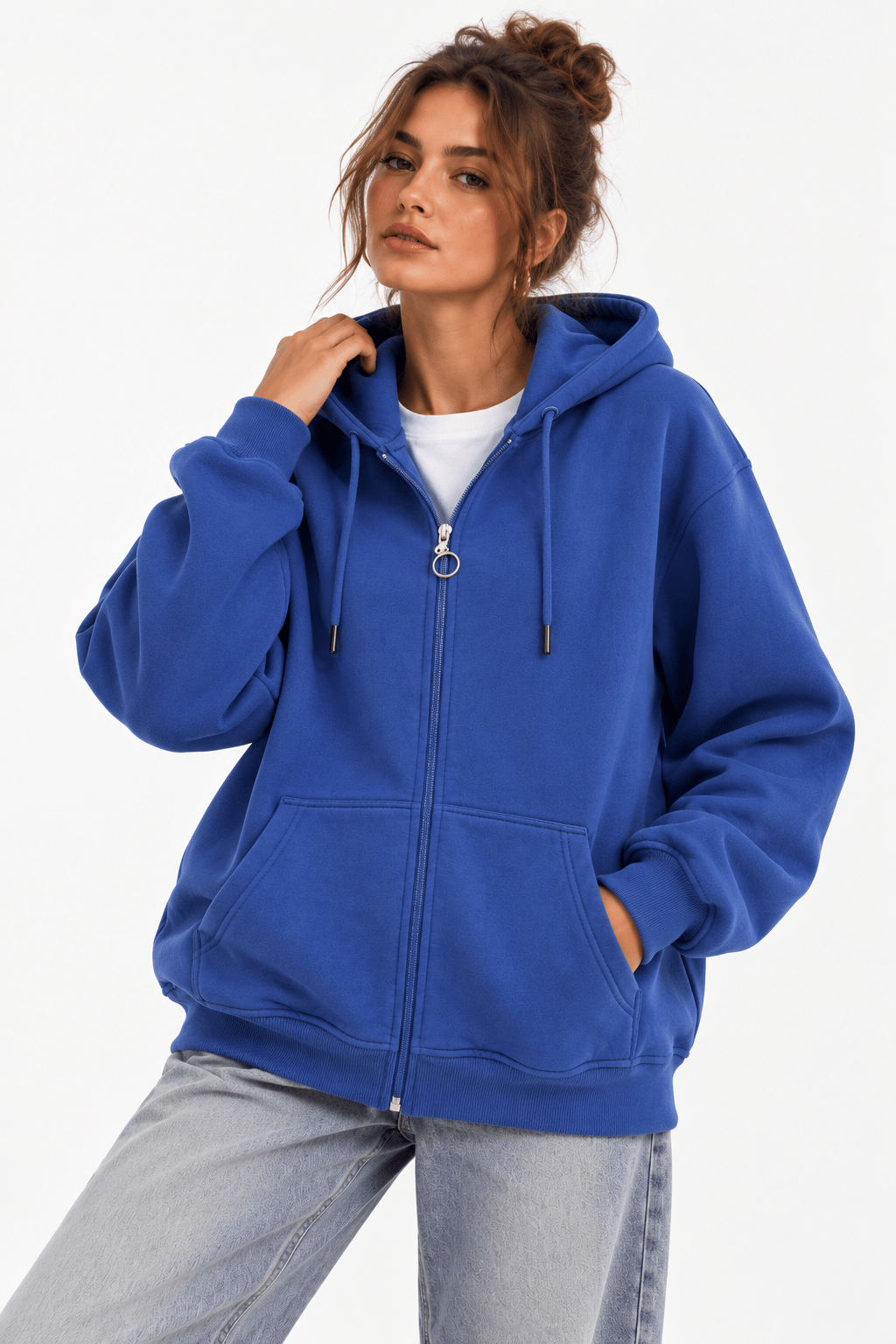 Kapüşonlu Fermuarlı Cepli Oversize Şardonlu Sweatshirt Lacivert