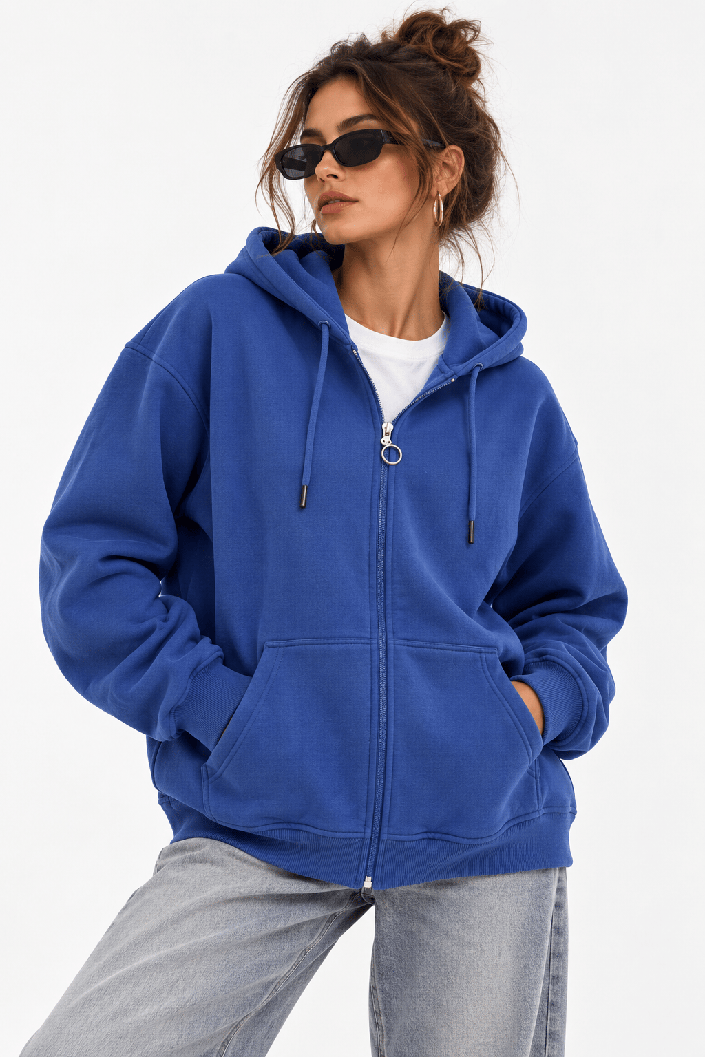 Kapüşonlu Fermuarlı Cepli Oversize Şardonlu Sweatshirt Lacivert