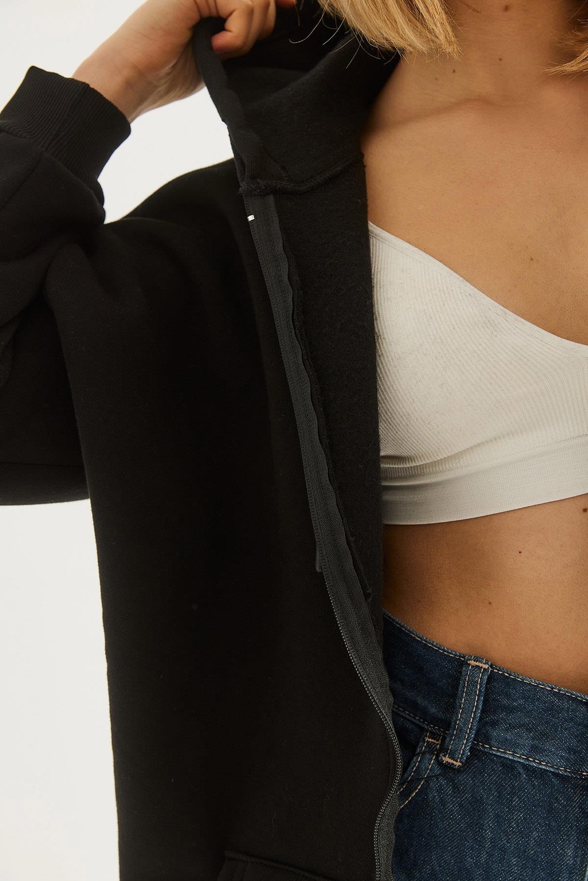 Kapüşonlu Fermuarlı Cepli Oversize Şardonlu Sweatshirt Siyah