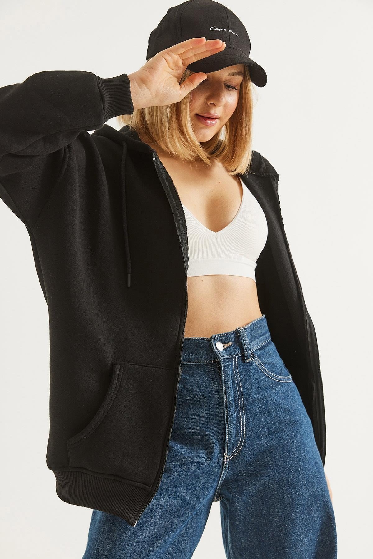 Kapüşonlu Fermuarlı Cepli Oversize Şardonlu Sweatshirt Siyah