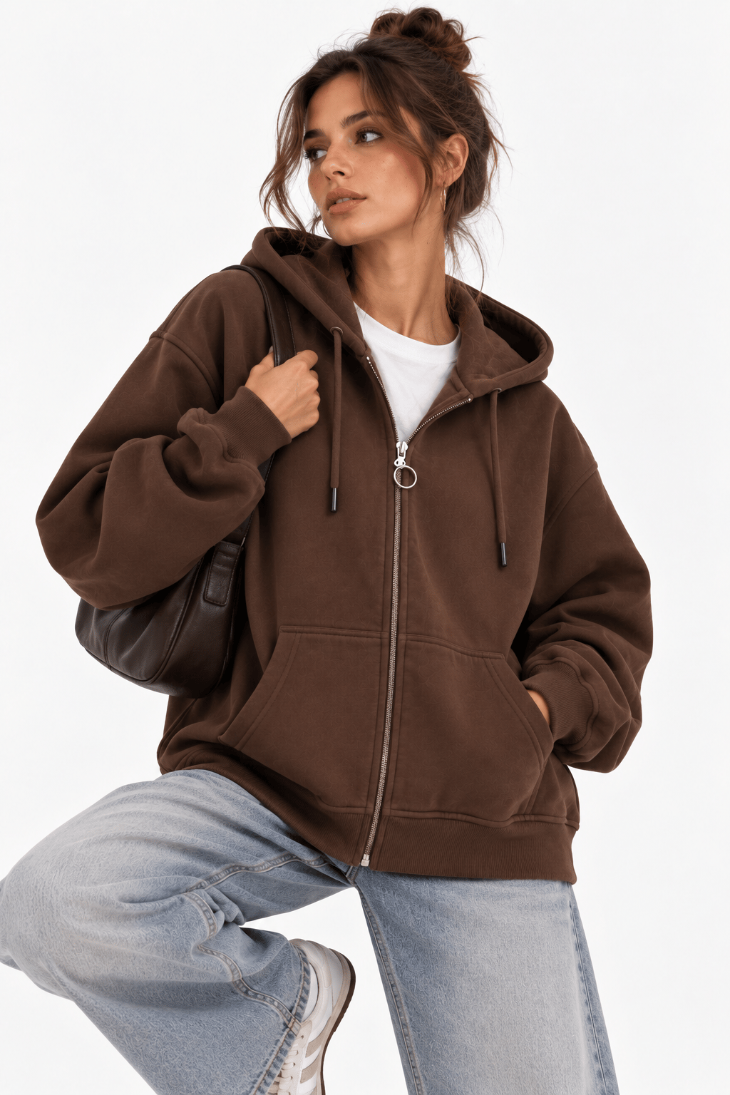 Kapüşonlu Fermuarlı Cepli Oversize Şardonlu Sweatshirt Kahve