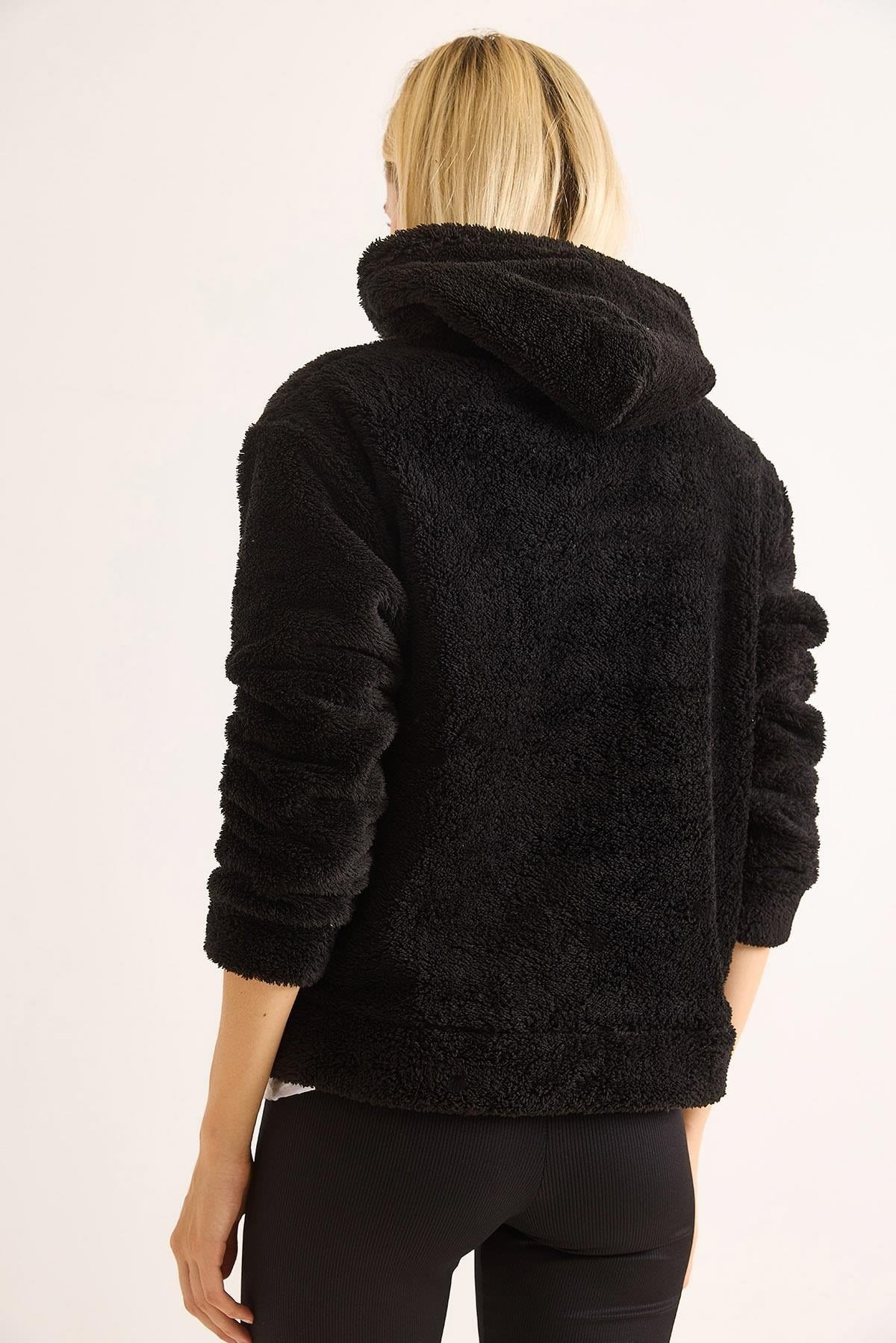 Kapüşonlu Nakış İşlemeli Peluş Sweatshirt  Siyah