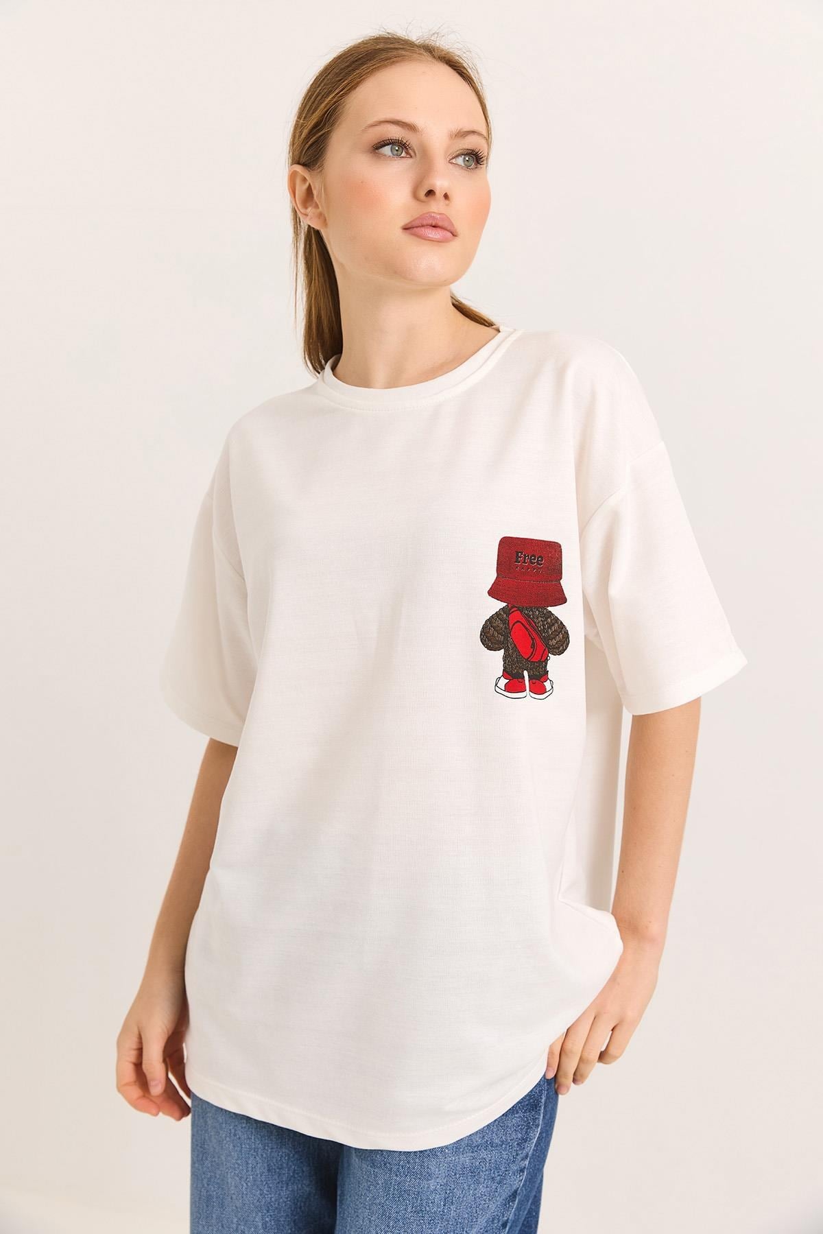 Karakter Baskılı İki İplik Oversize Tshirt Beyaz