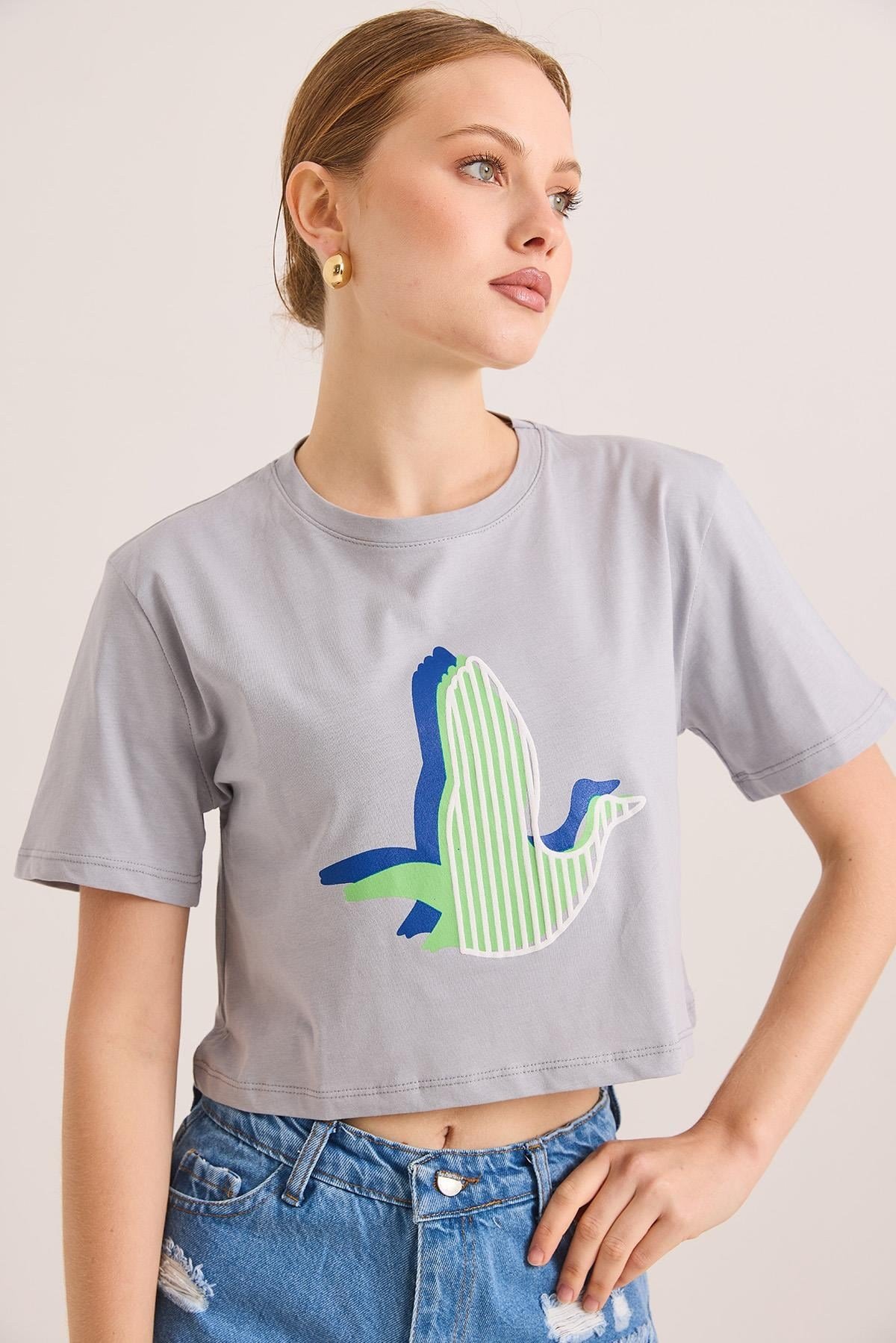 Karikatür Kuş Baskılı Pamuk Örme Crop Tshirt Gri
