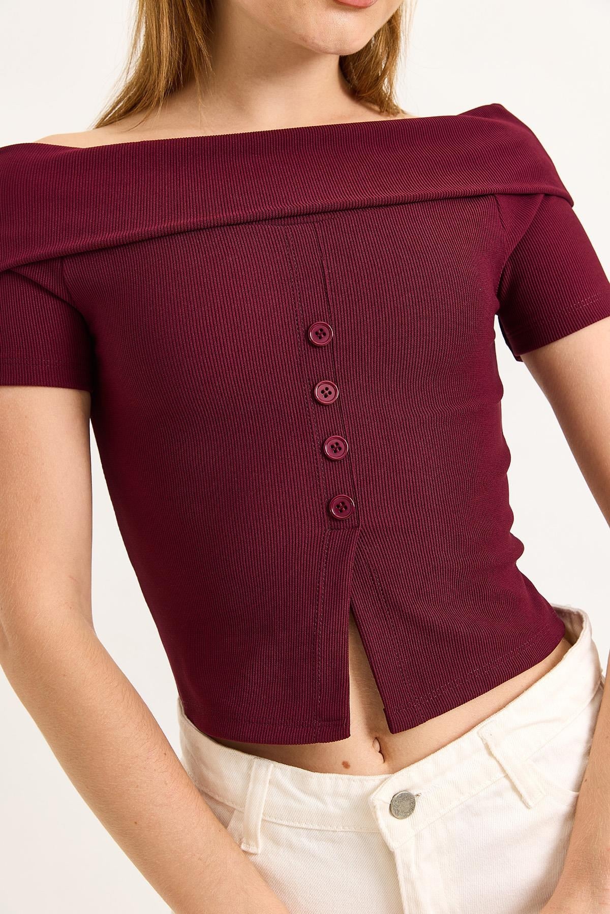 Kayık Yaka Düğme Detaylı Fitilli Örme Bluz Bordo