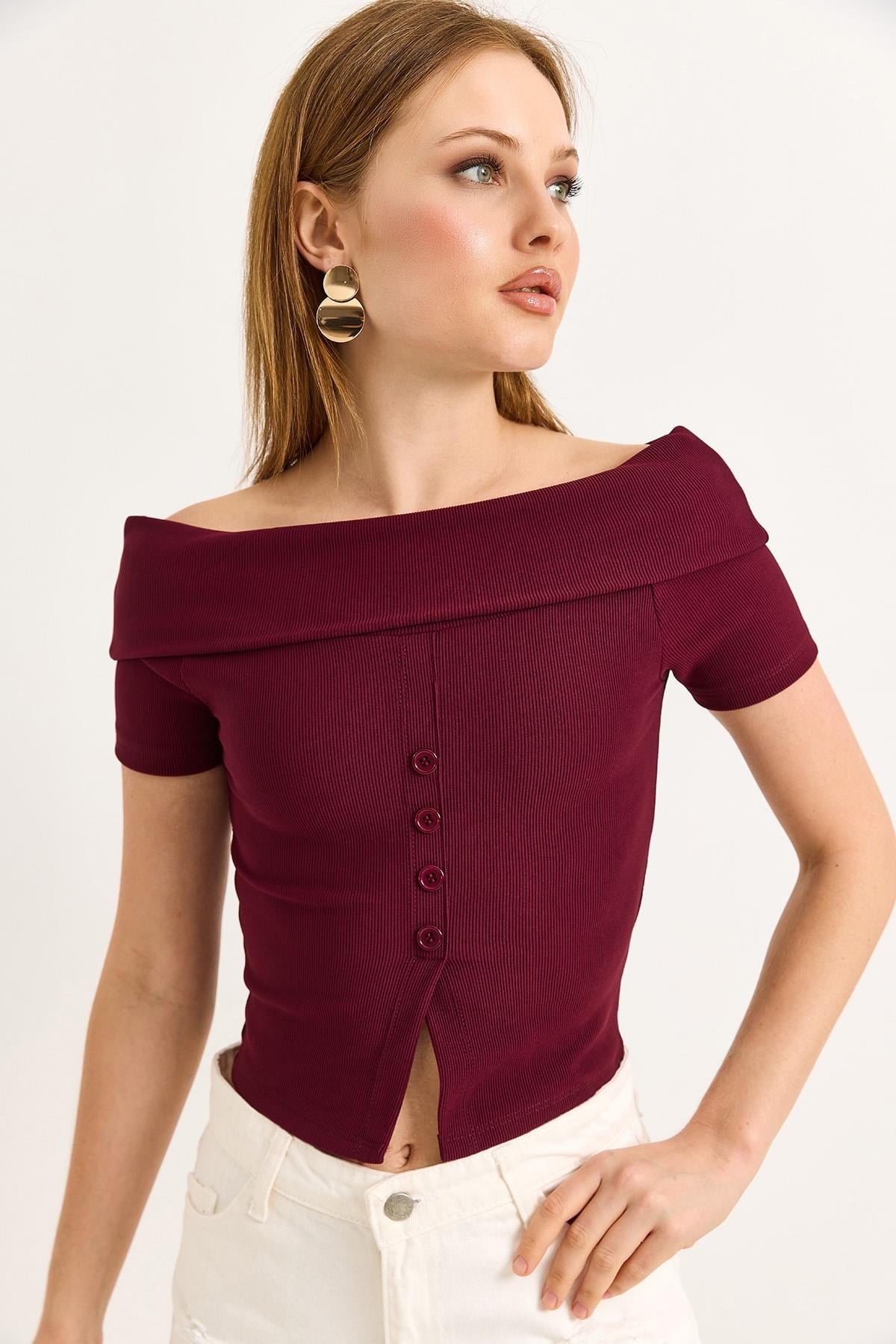 Kayık Yaka Düğme Detaylı Fitilli Örme Bluz Bordo