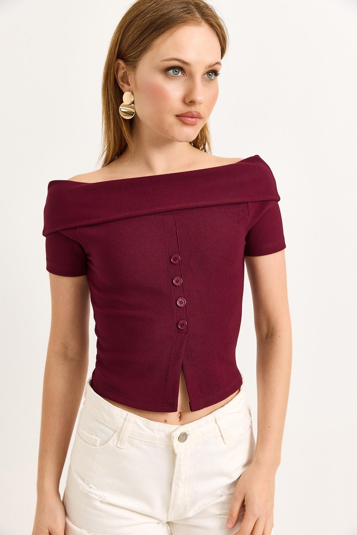 Kayık Yaka Düğme Detaylı Fitilli Örme Bluz Bordo