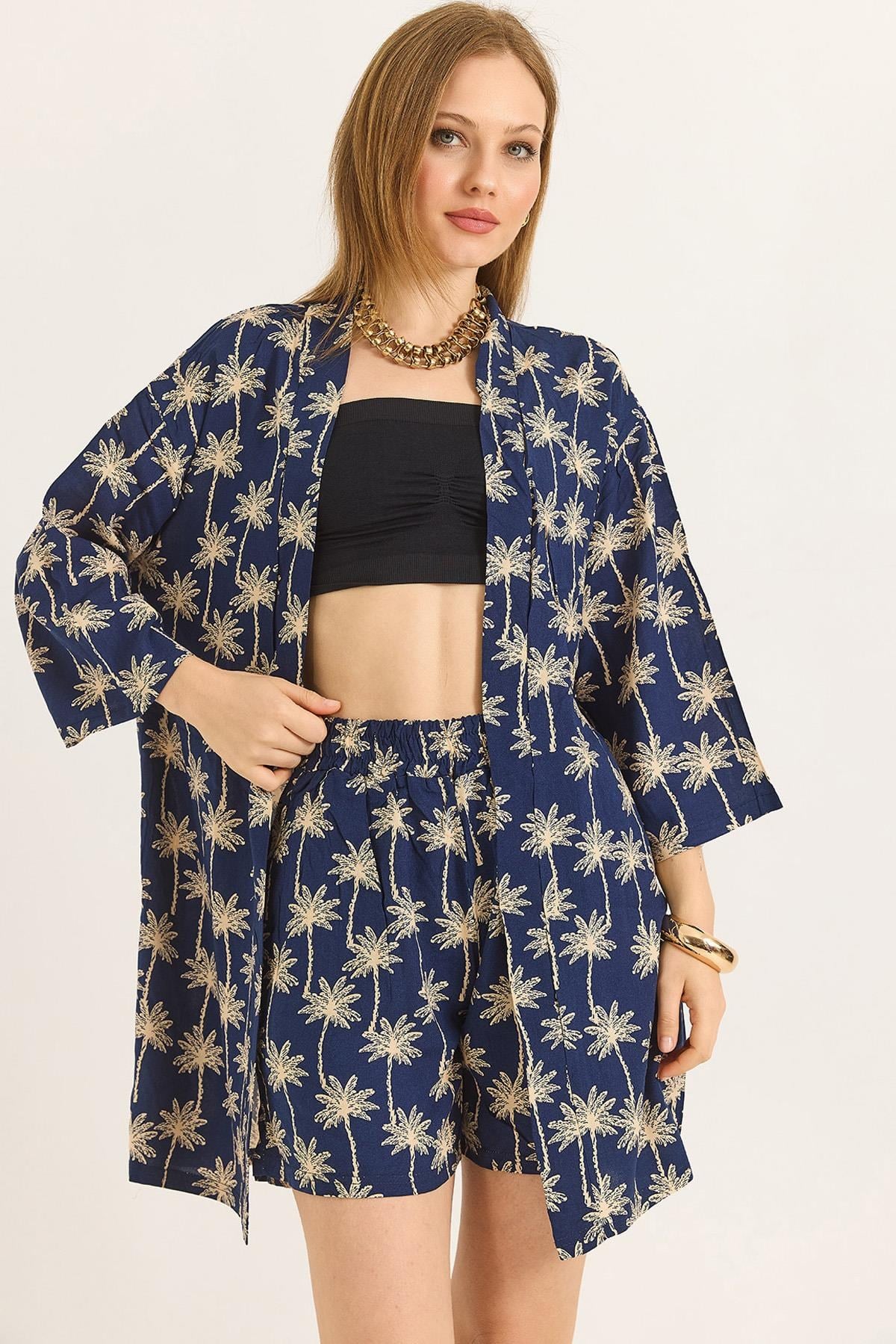 Kimono Şortlu Desenli Dokuma Kadın İkili Takım Lacivert