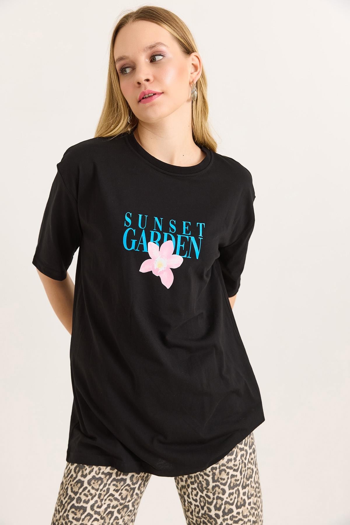 Ön Arka Baskılı Bisiklet Yaka Tshirt Siyah