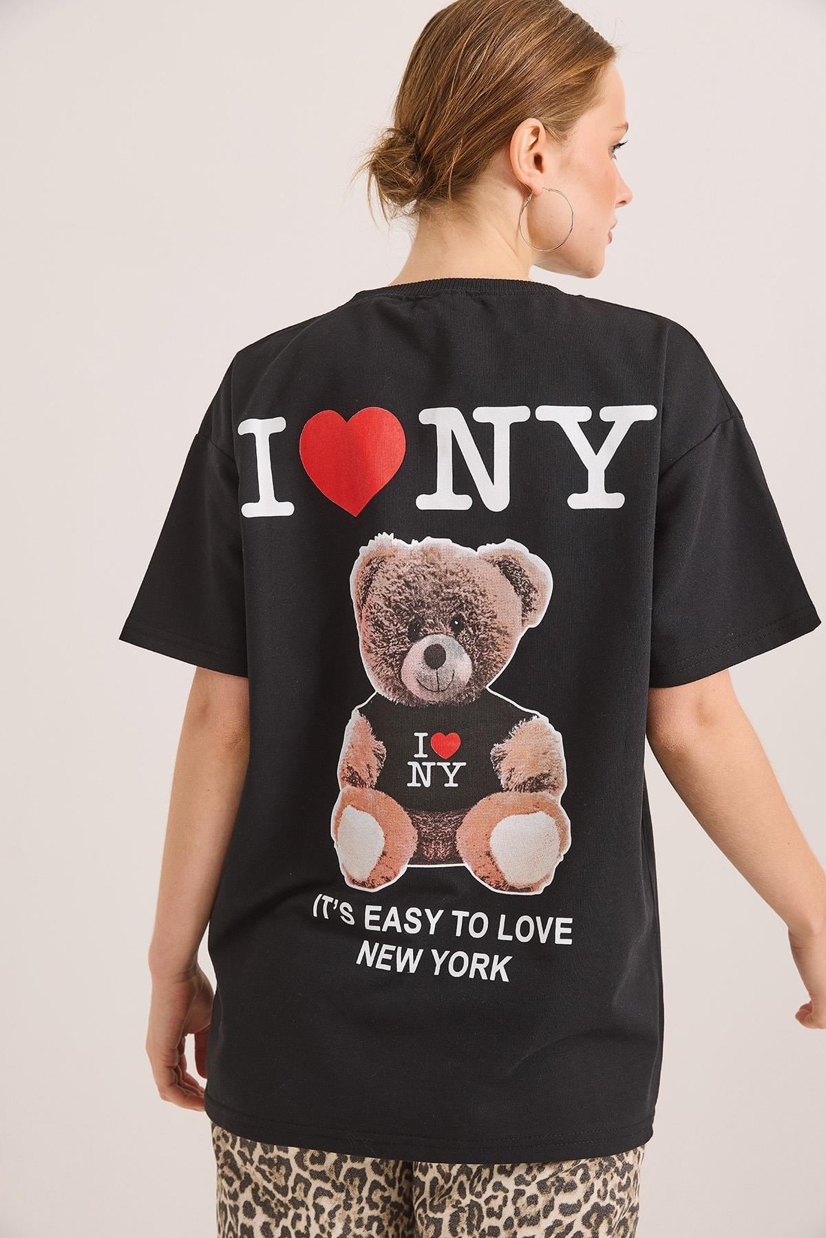 Ön Ve Arka Baskılı İki İp Oversize Örme Tshirt Siyah