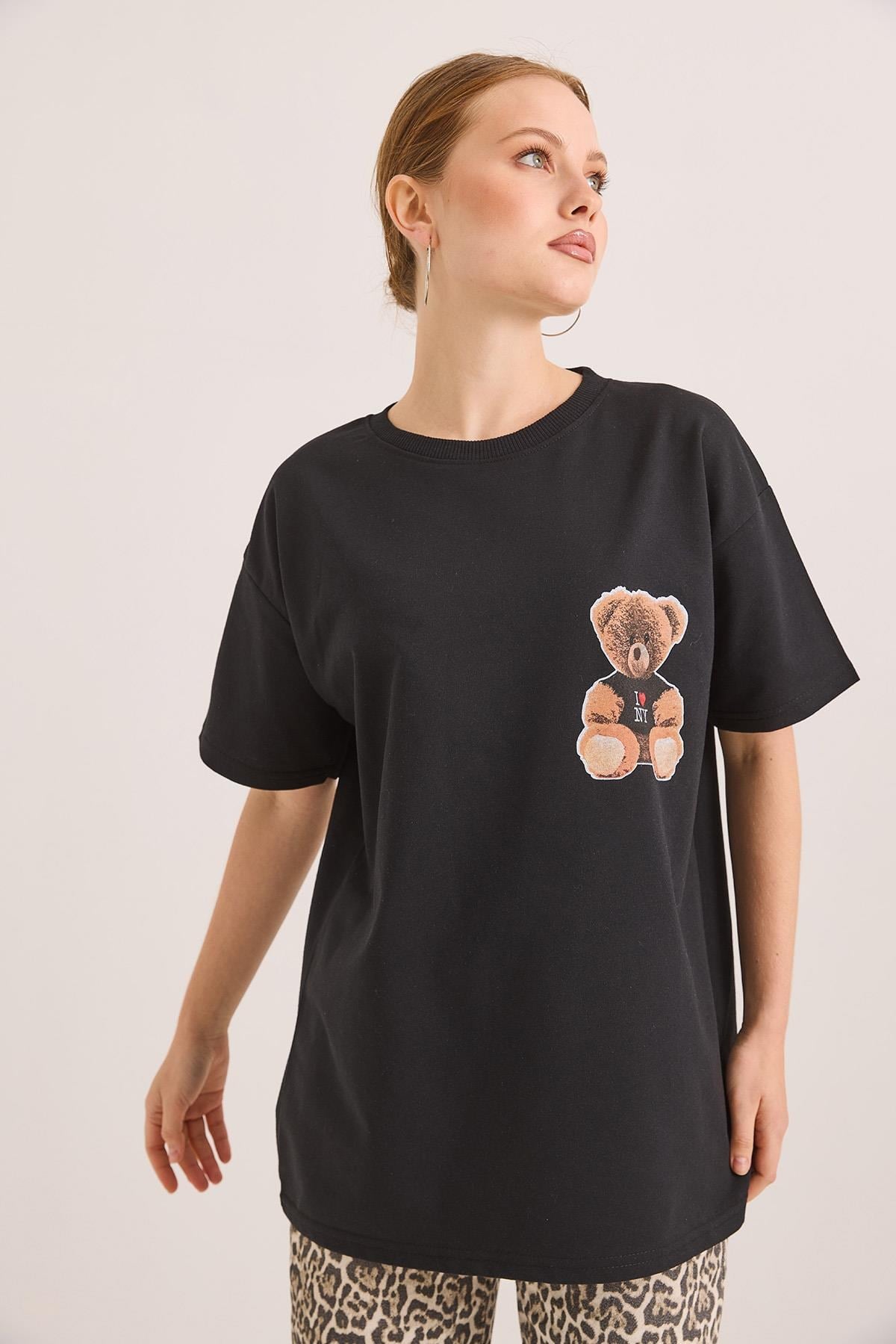 Ön Ve Arka Baskılı İki İp Oversize Örme Tshirt Siyah
