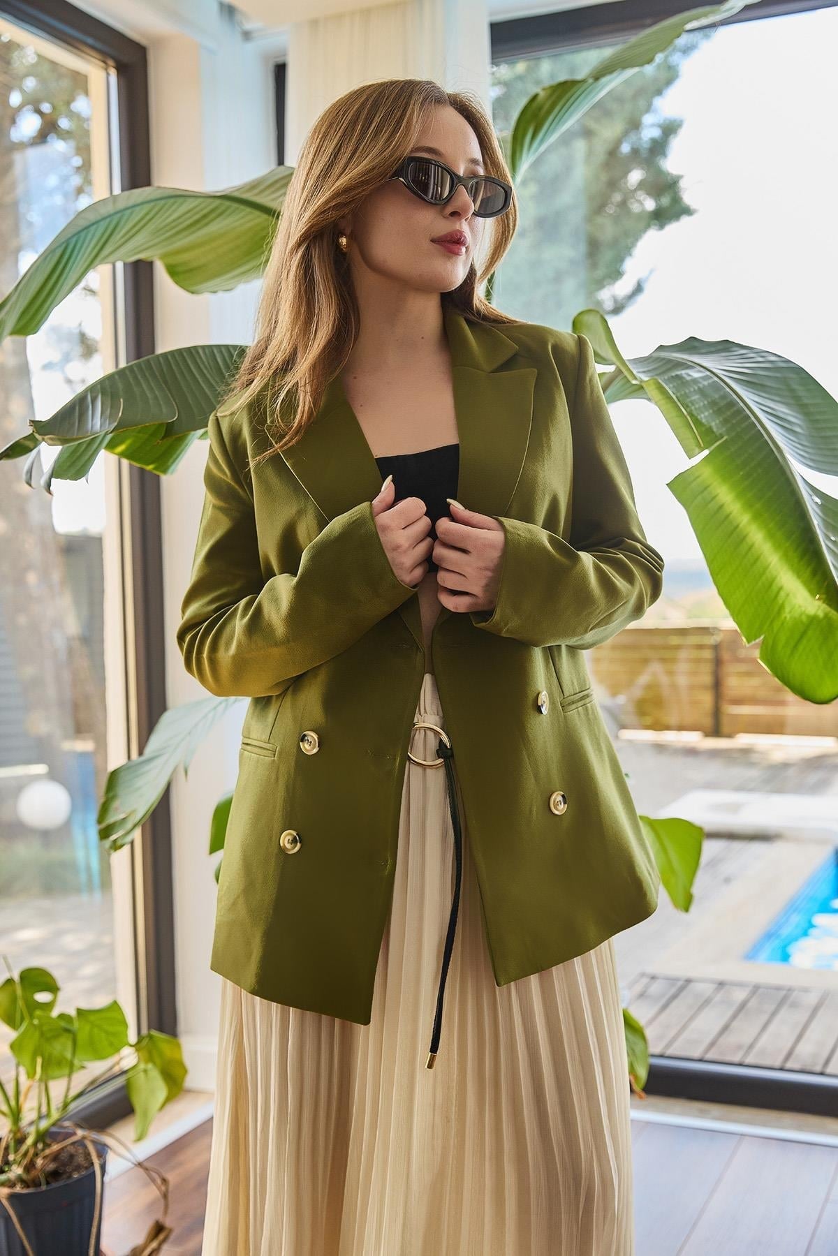Oversize Astarlı Kruvaze Kapama Blazer Ceket Haki