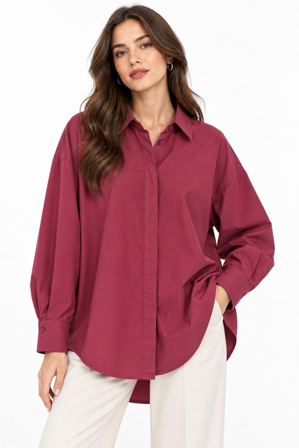 Oversize Basic Gömlek Bordo