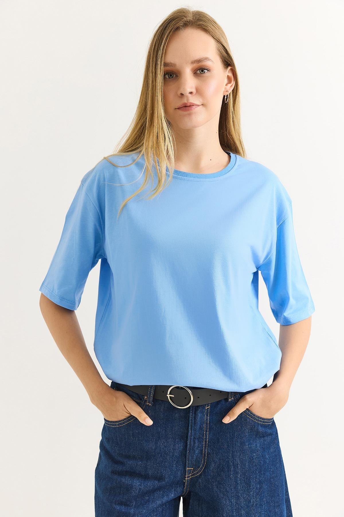 Oversize Bisiklet Yaka Basic Tshirt Mavi