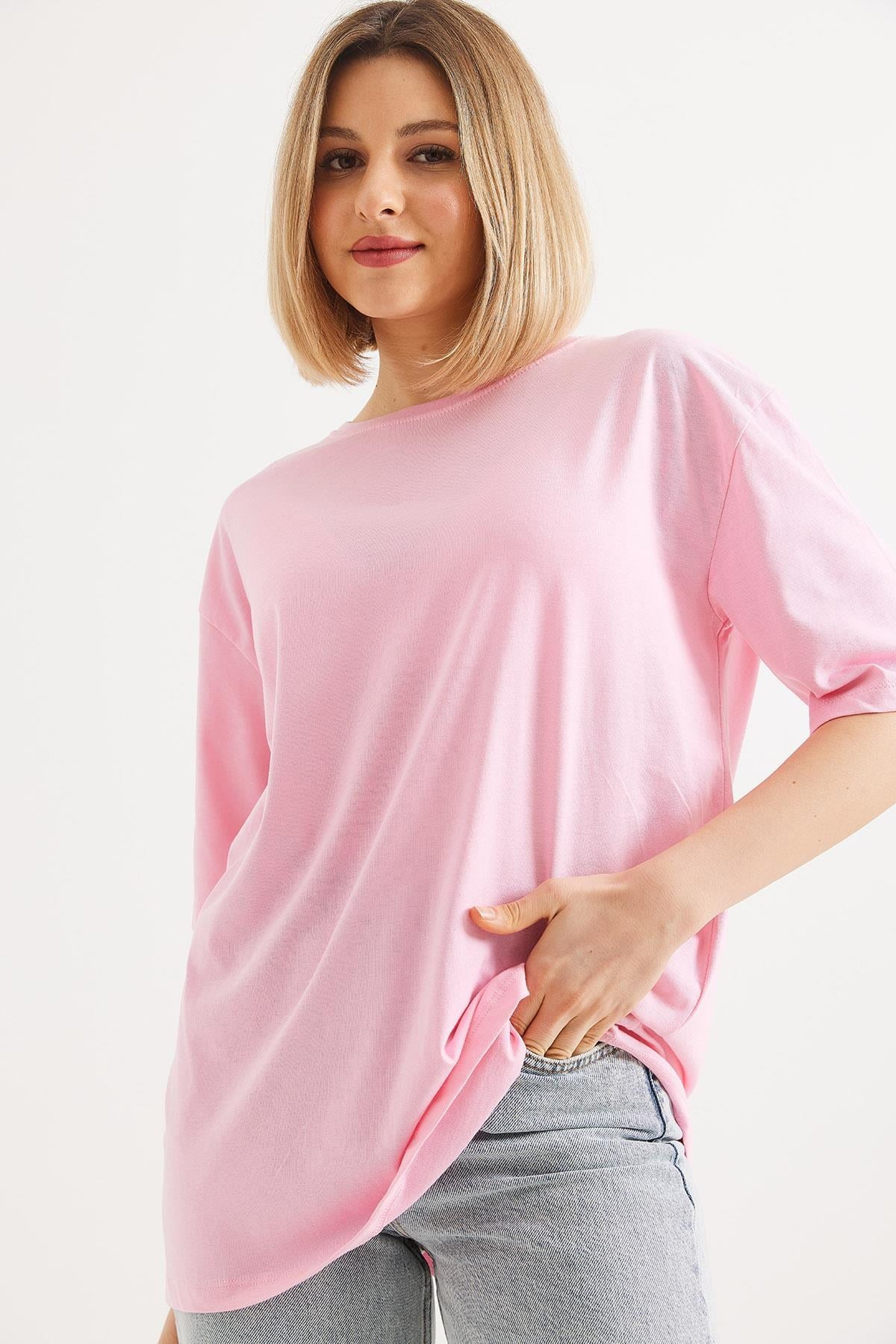 Oversize Bisiklet Yaka Basic Tshirt Pembe