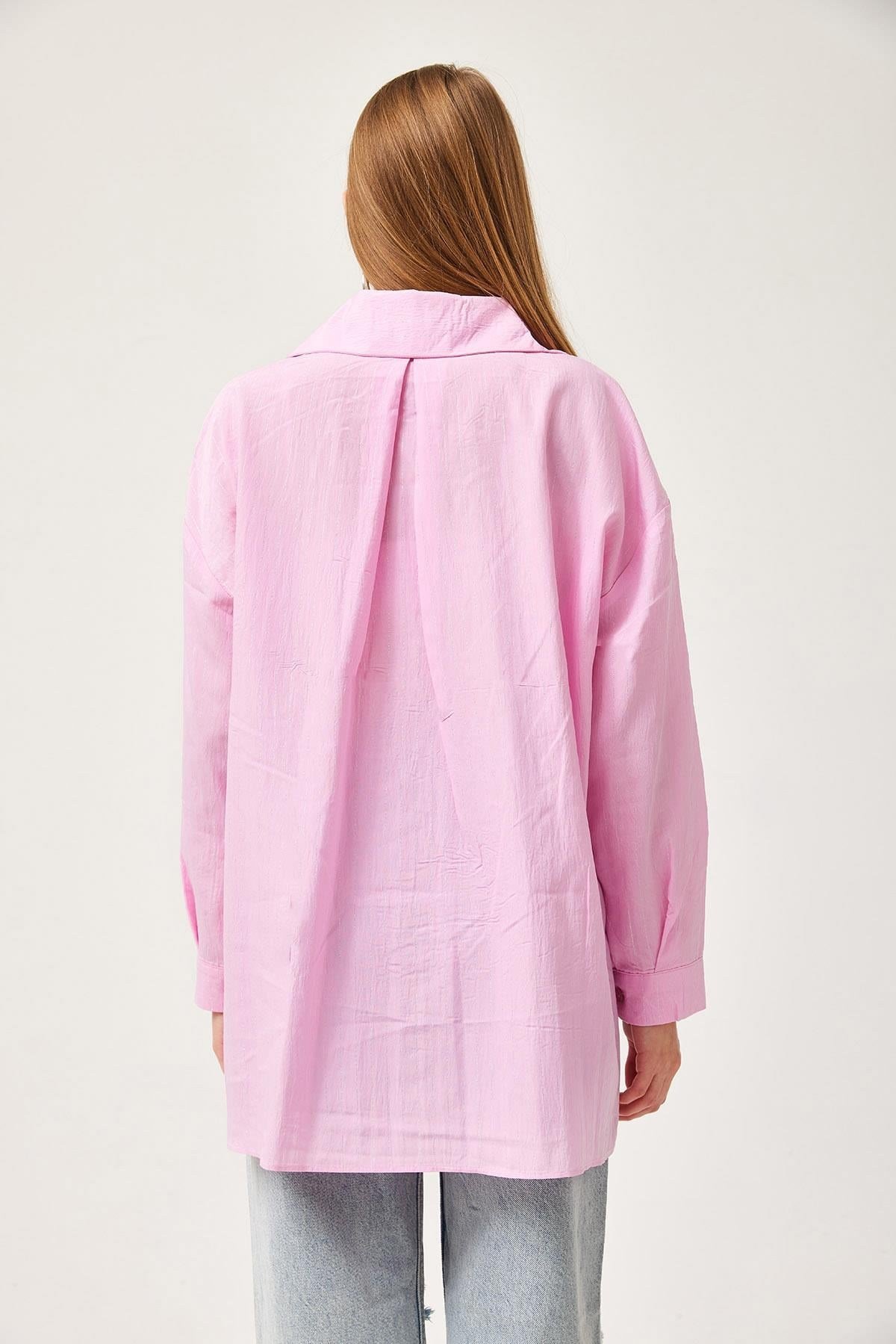 Oversize Cepli Poplin Gömlek Pembe