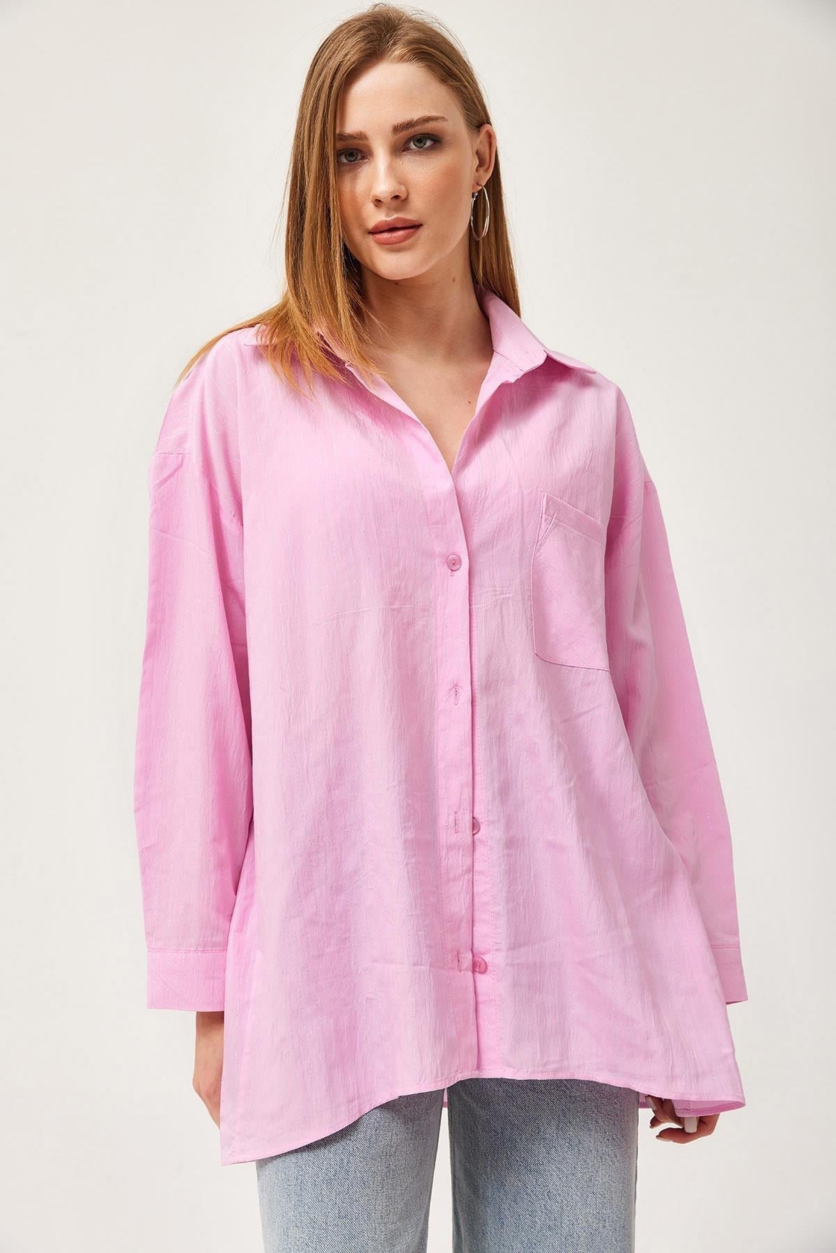 Oversize Cepli Poplin Gömlek Pembe