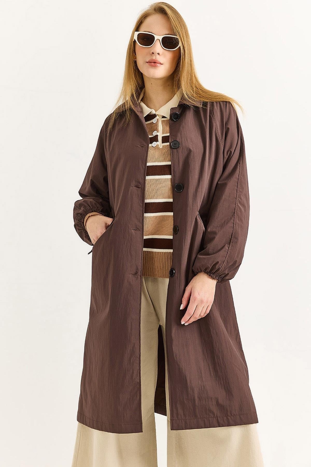 Oversize Hafif Modern Düğmeli Trençkot Kahverengi