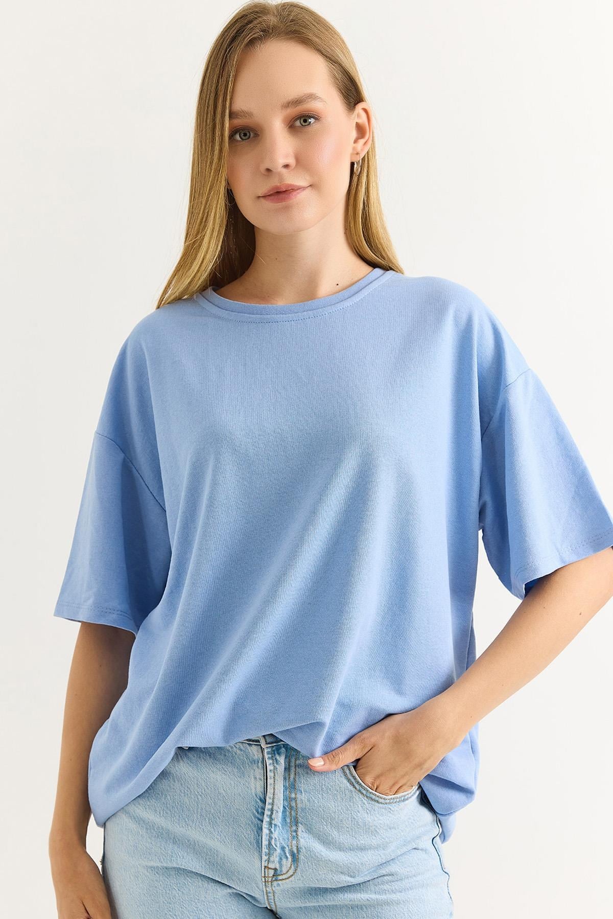 Oversize İki İplik Tshirt Mavi