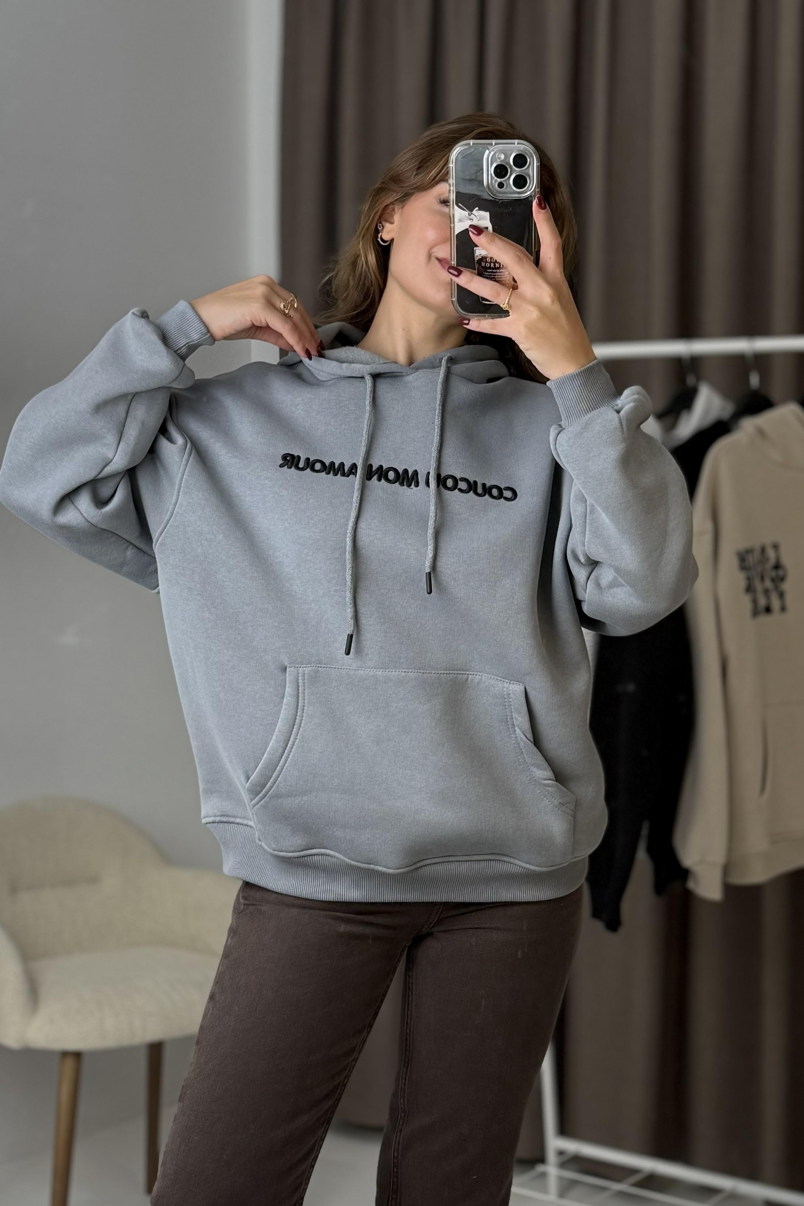 Oversize Kapüşonlu KangurU  Cepli Sweatshirt Füme