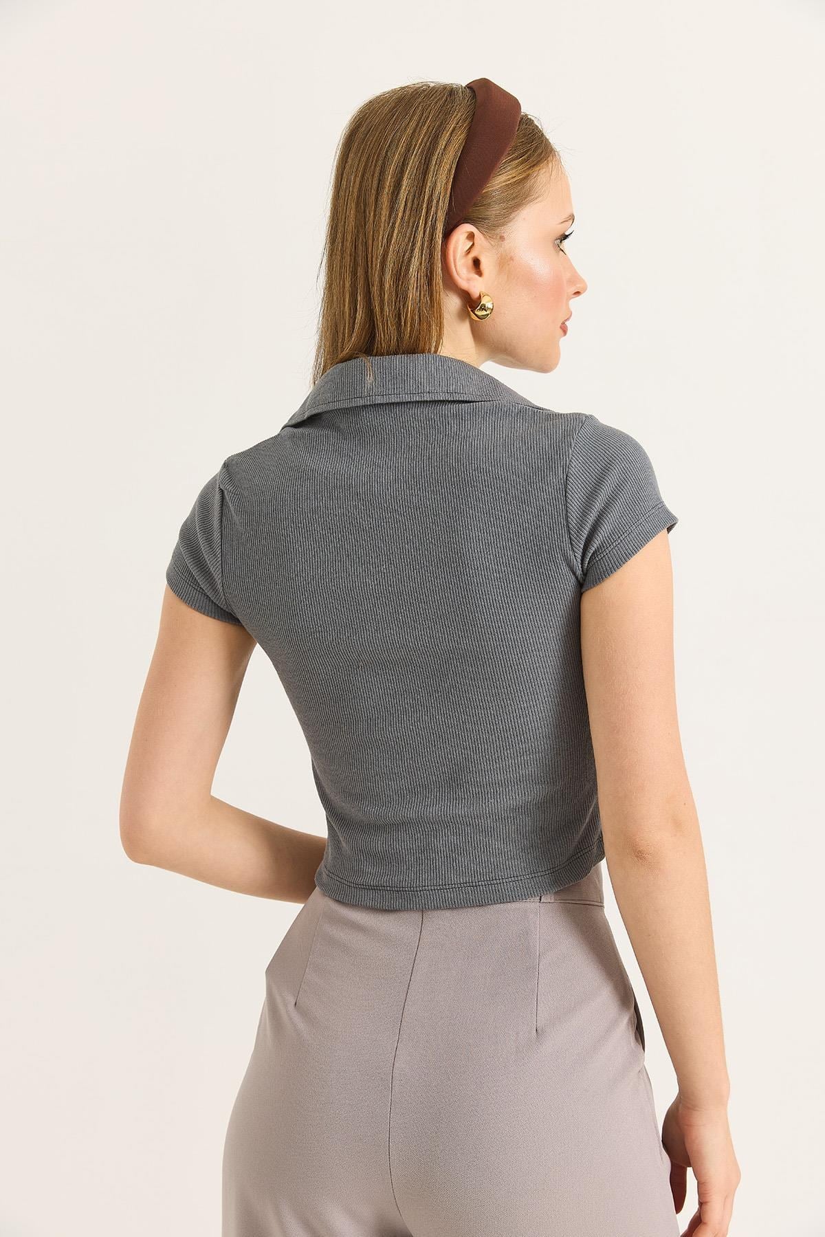 Polo Yaka Basıc Kısa Kollu Örme Kaşkorse Crop Bluz Füme
