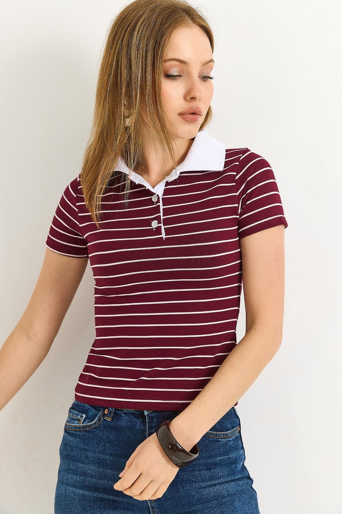 Polo Yaka Çizgi Desenli Kadın Tshirt Bordo