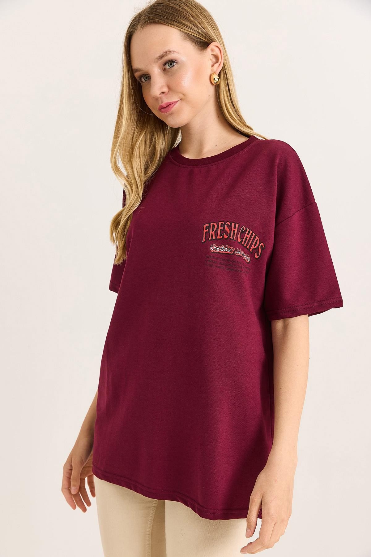 Rahat Kesim Baskılı Kadın Tshirt Bordo