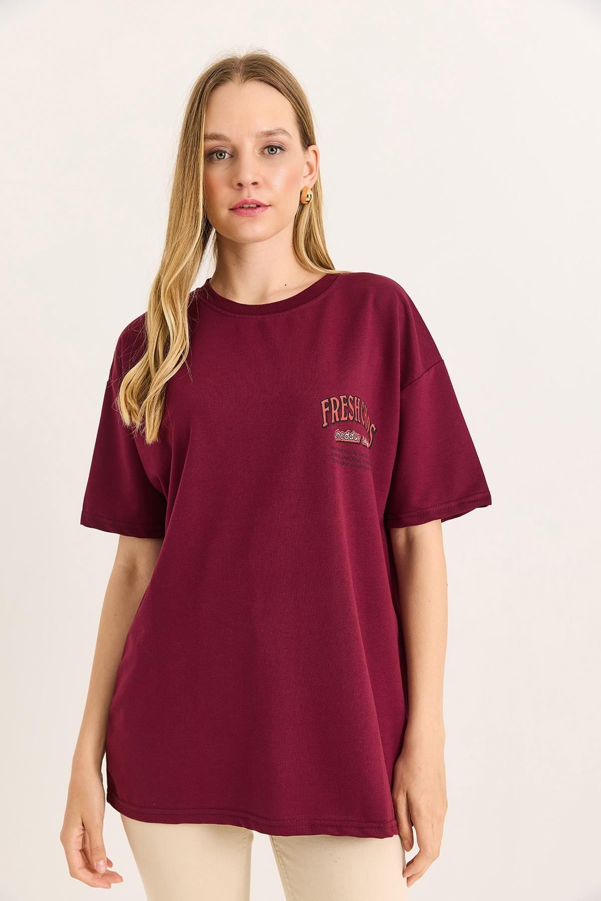 Rahat Kesim Baskılı Kadın Tshirt Bordo