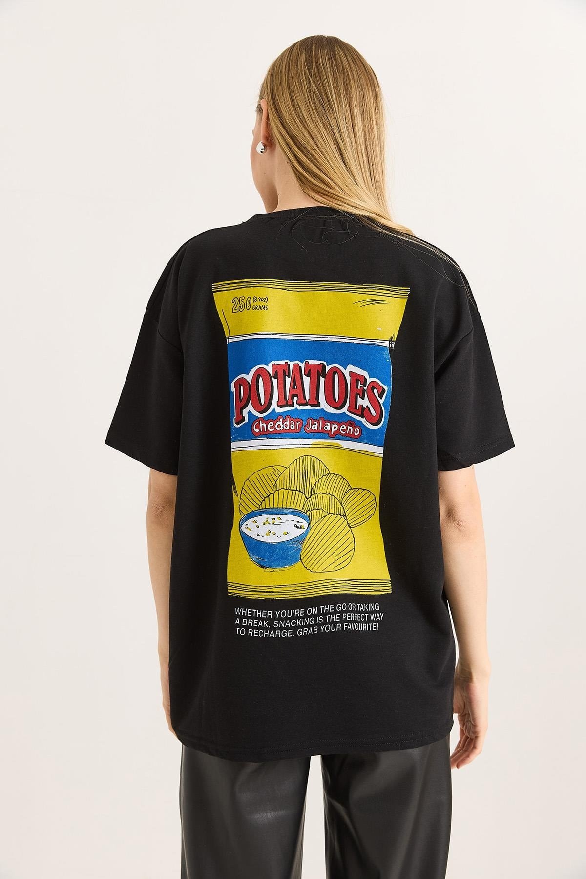 Rahat Kesim Baskılı Kadın Tshirt Siyah