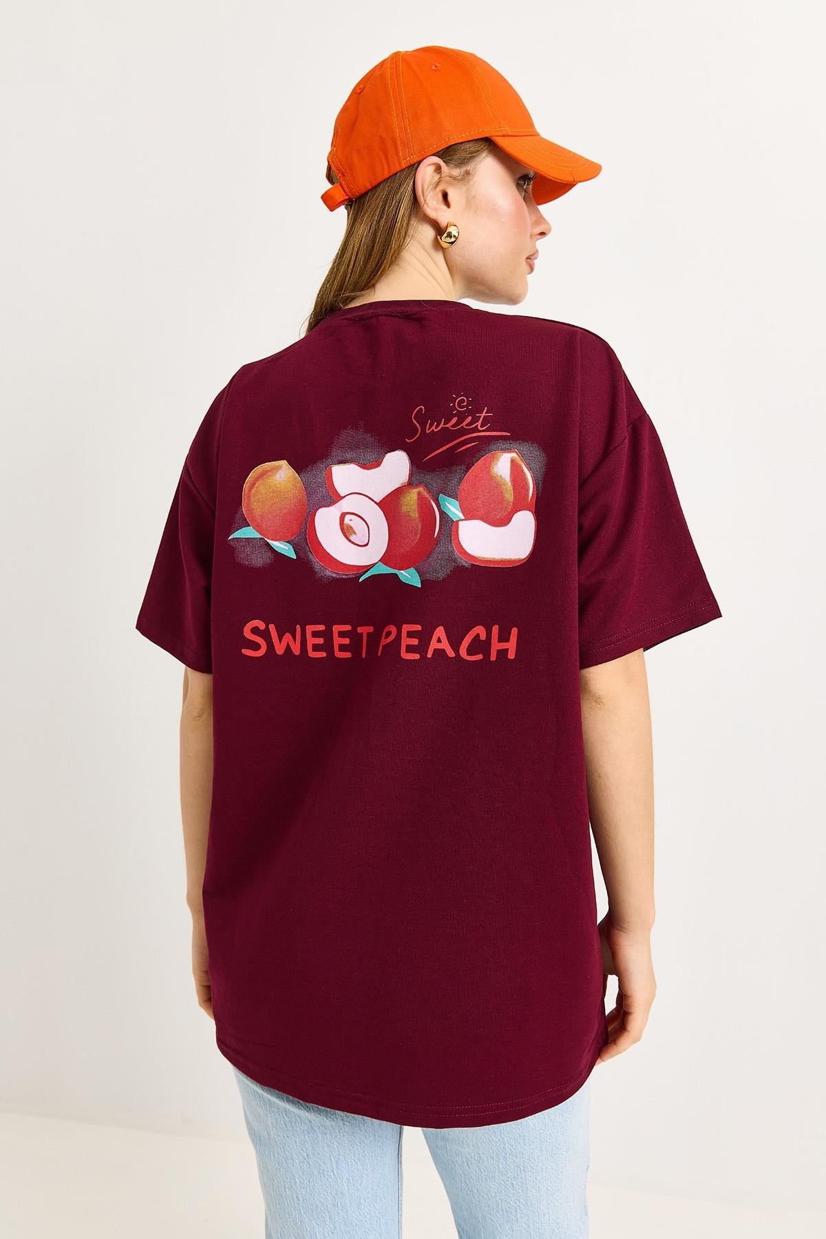 Sweet Peach Baskılı Bordo Tshirt