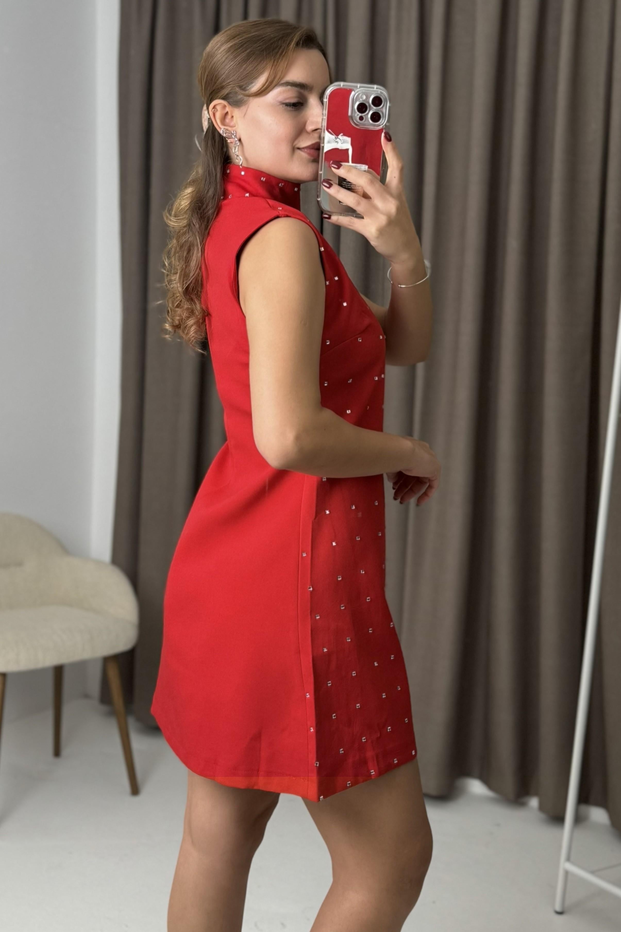 Taş Baskılı Mini Elbise Kırmızı