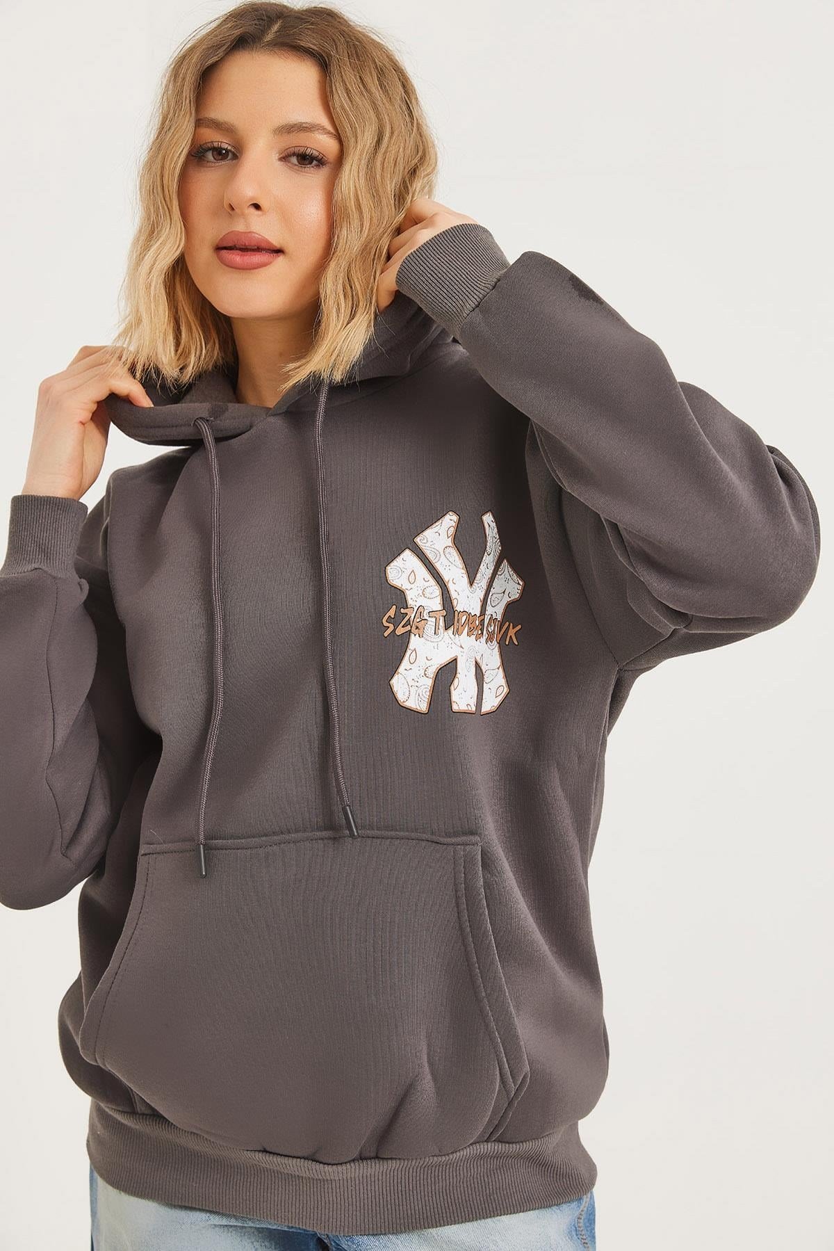 Üç İplik Baskılı Kapüşonlu Sweatshirt Füme