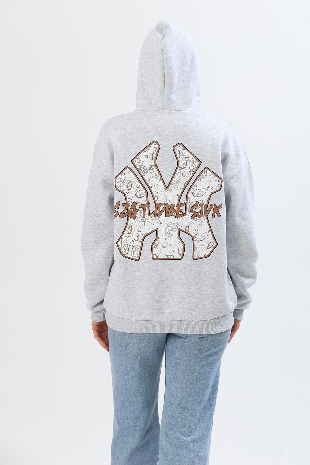 Üç İplik Baskılı Kapüşonlu Sweatshirt Gri