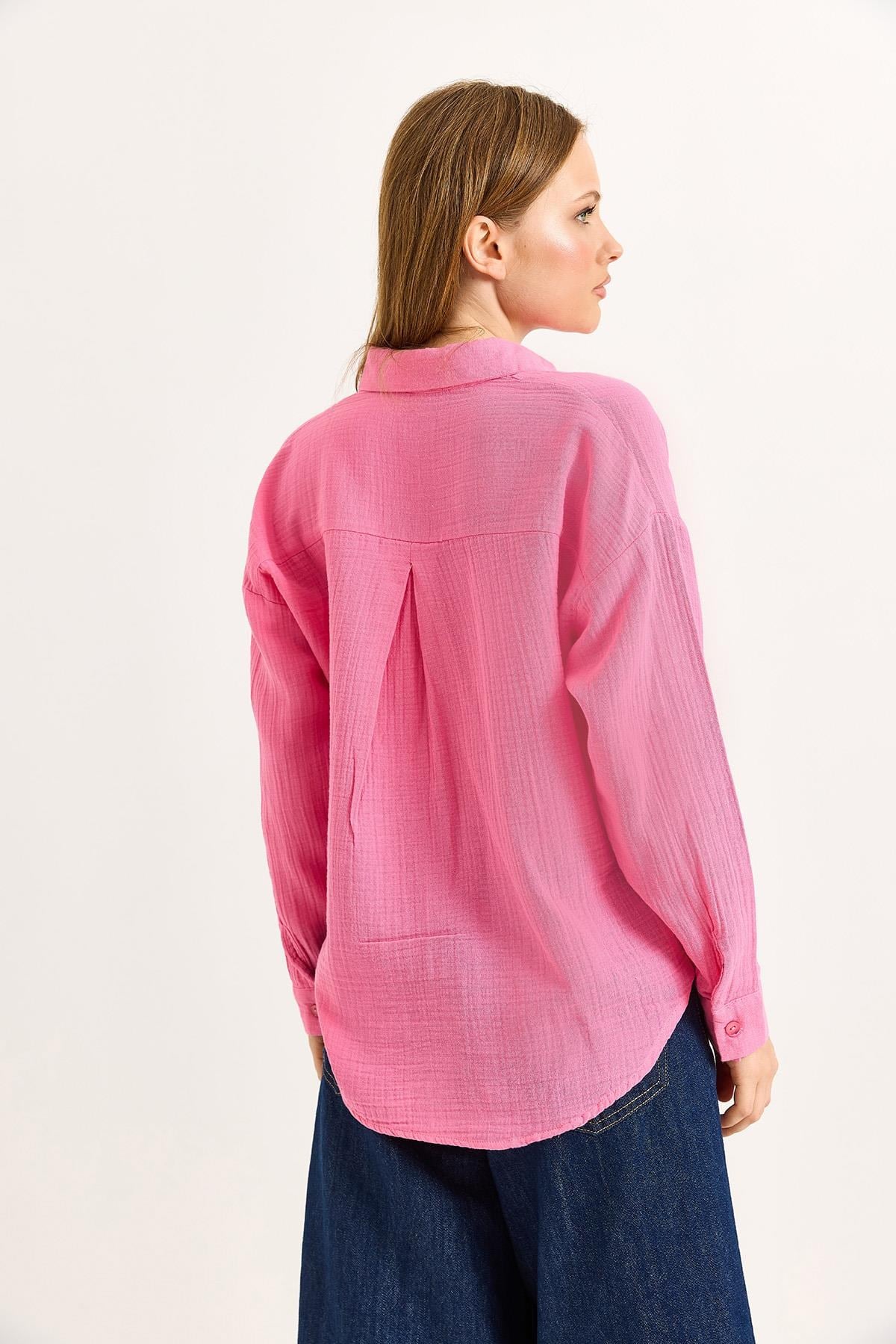 Uzun Kollu Oversize Gömlek Pembe