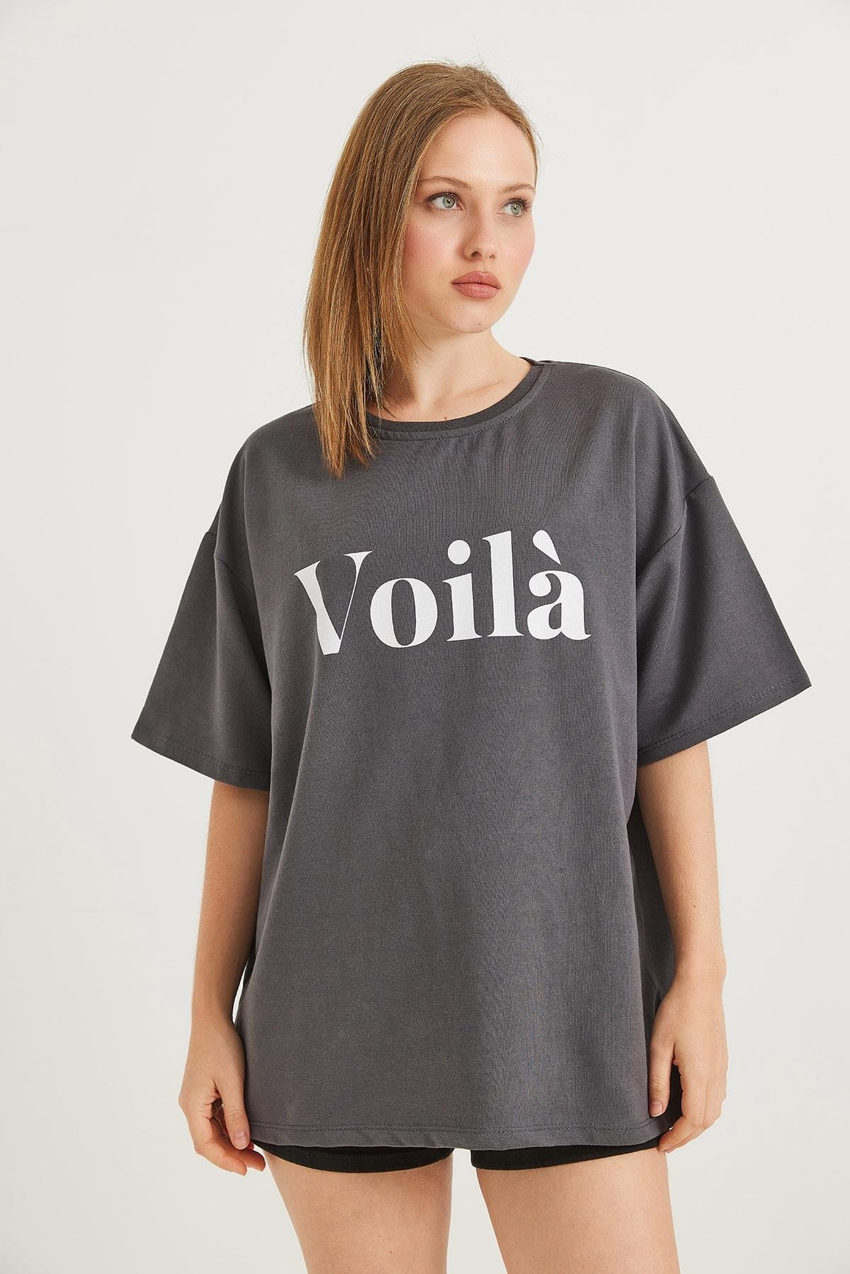 Voila Baskılı Oversize İki İplik Tshirt Füme