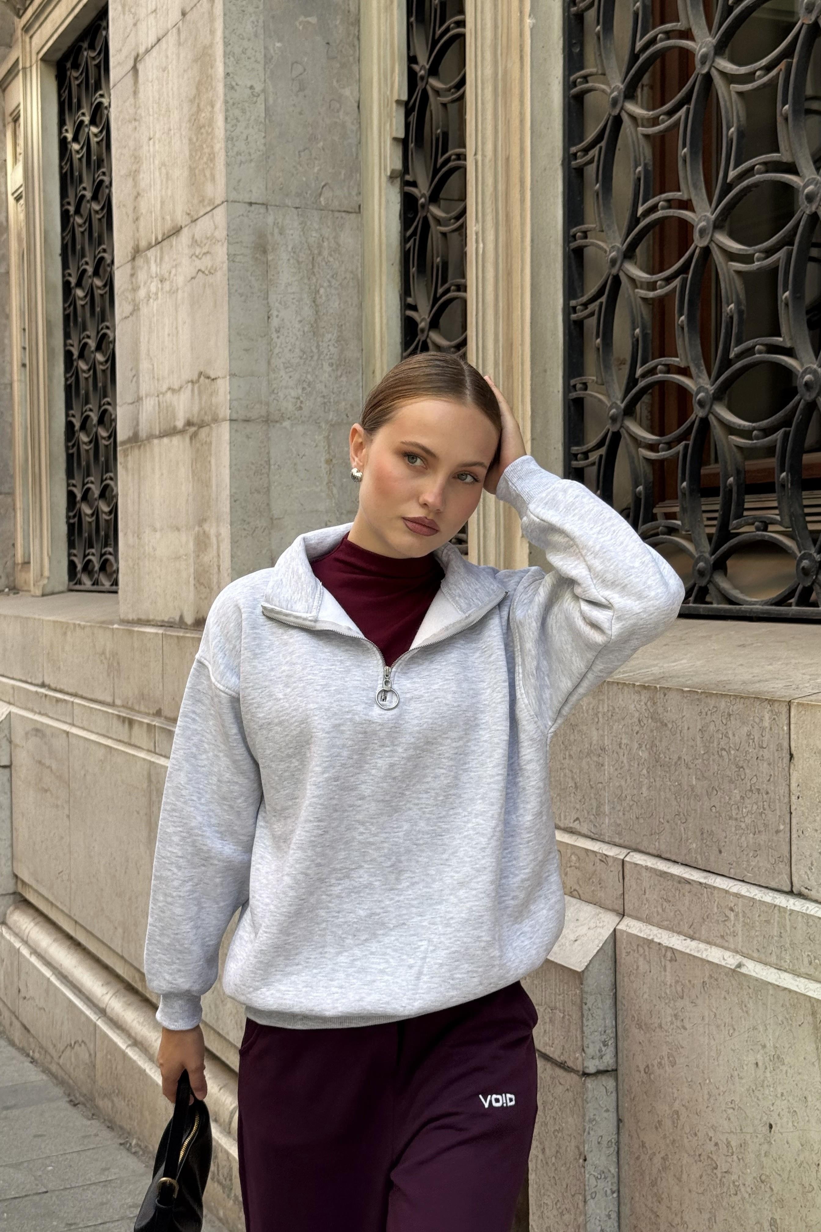 Yaka Fermuarlı 2 İplik Sweatshirt Gri