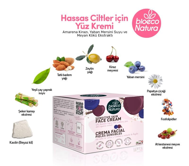 BioEco Natura Hassas Ciltler İçin Yüz Kremi – Amarena Kirazı & Yaban Mersini