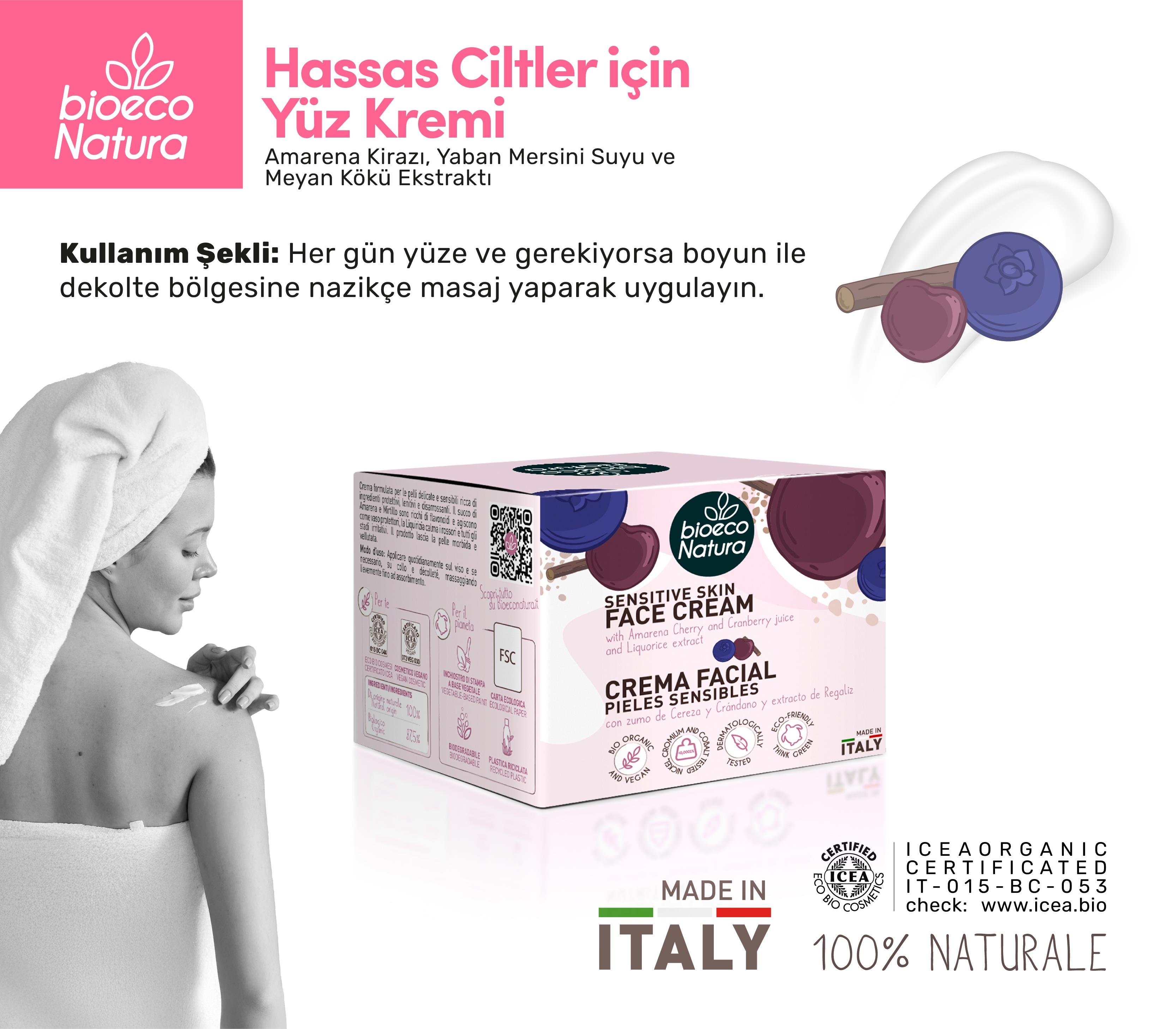 BioEco Natura Hassas Ciltler İçin Yüz Kremi – Amarena Kirazı & Yaban Mersini