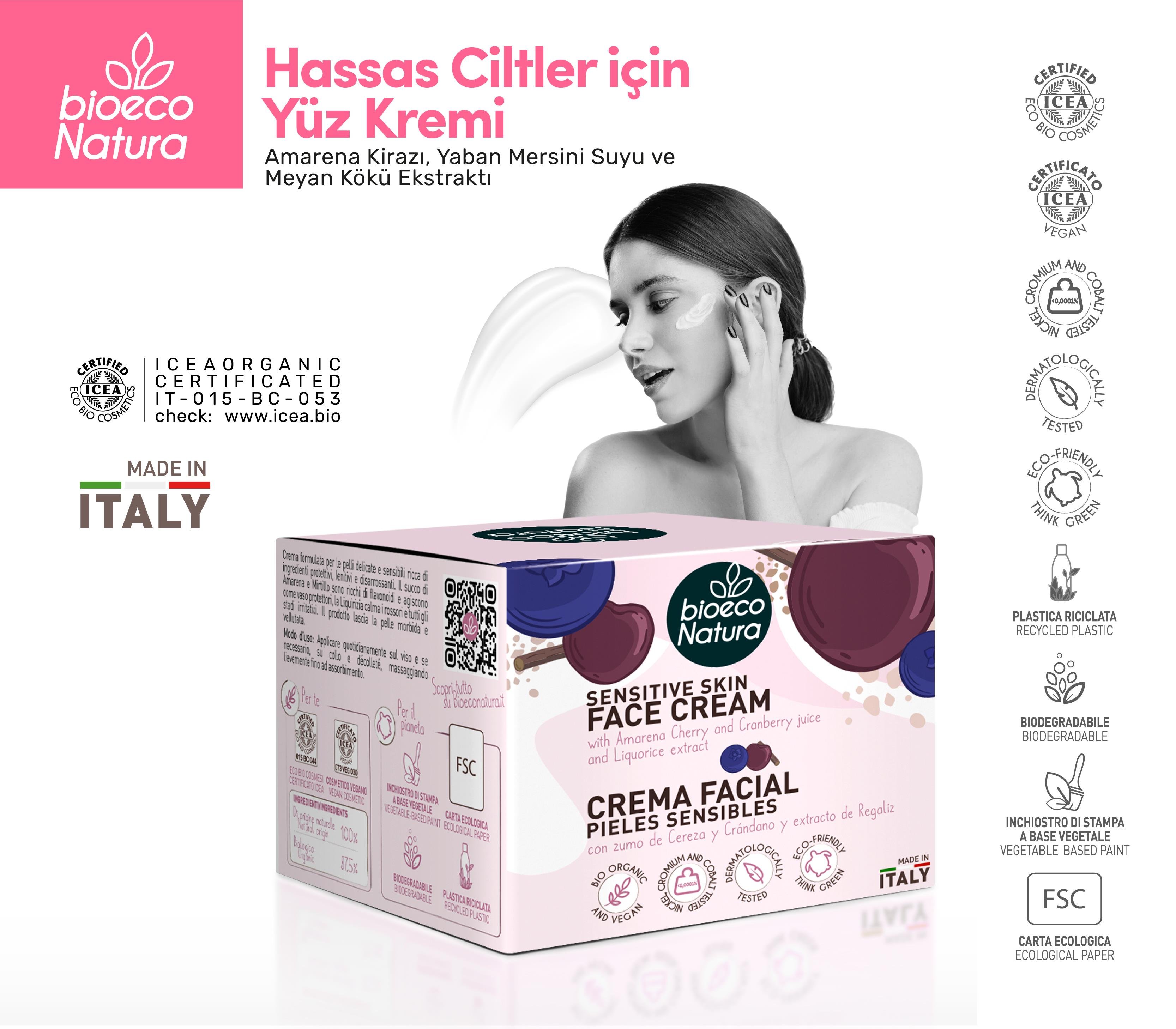 BioEco Natura Hassas Ciltler İçin Yüz Kremi – Amarena Kirazı & Yaban Mersini