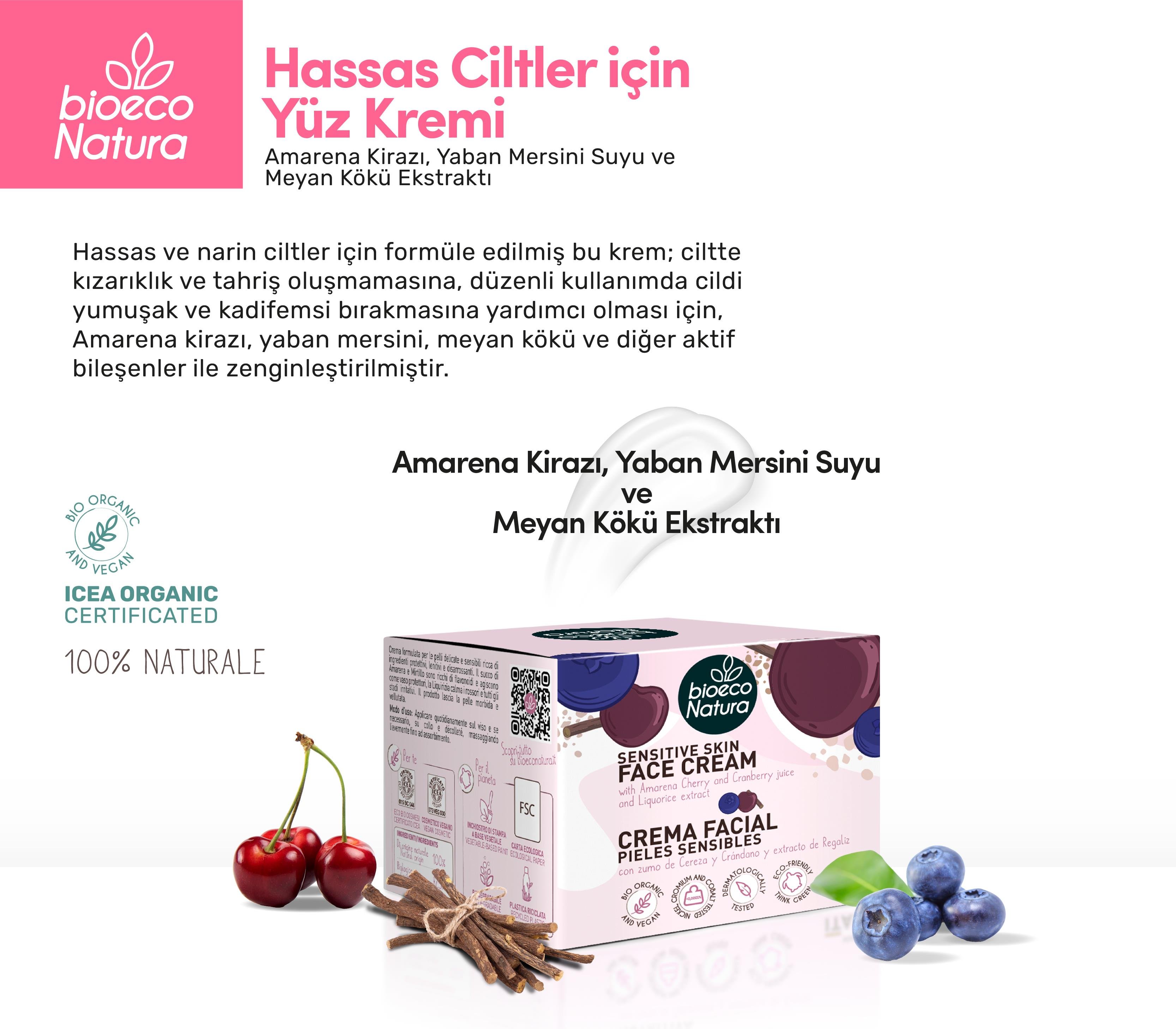 BioEco Natura Hassas Ciltler İçin Yüz Kremi – Amarena Kirazı & Yaban Mersini