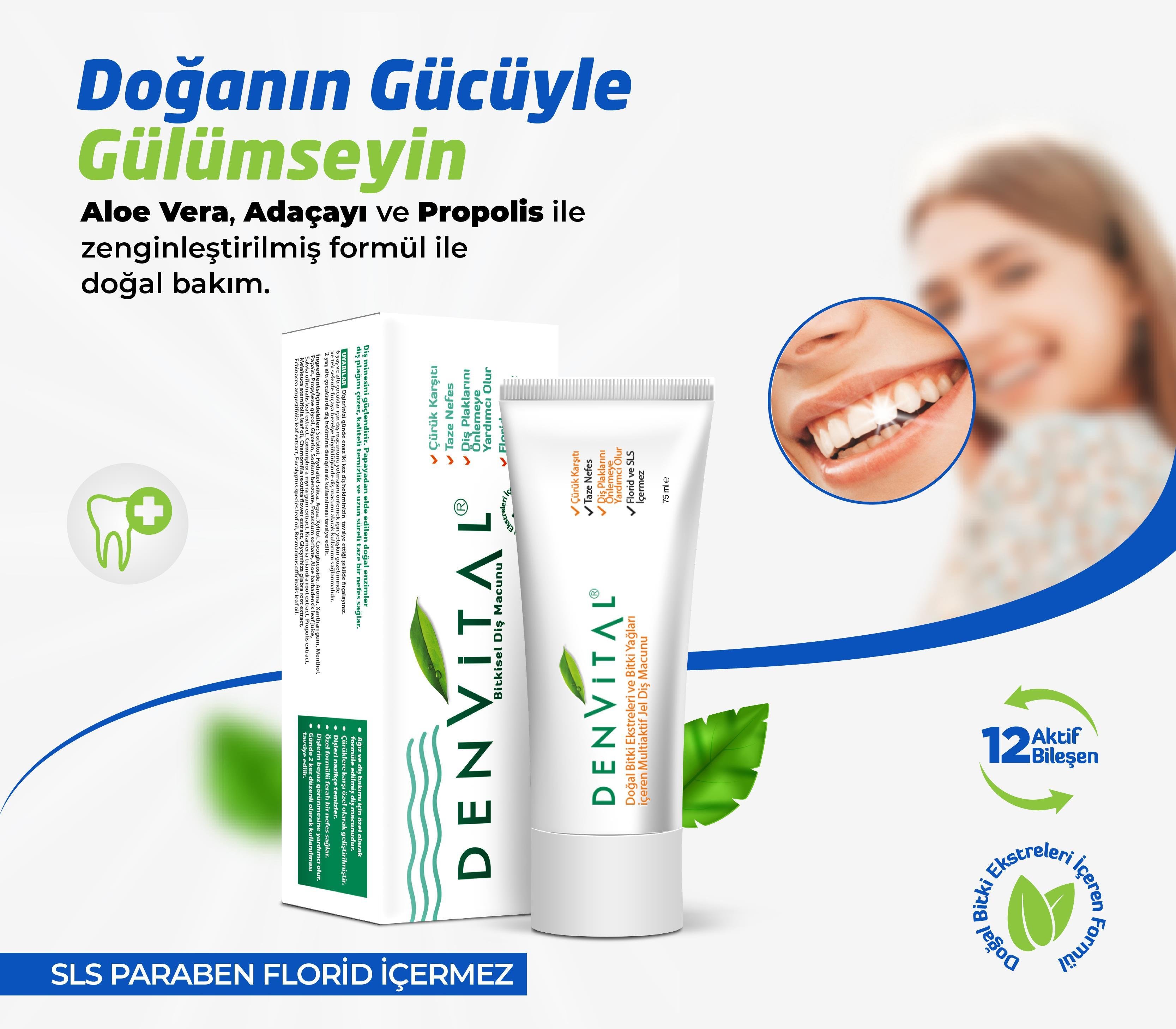 Denvital 12 Bitki Bileşeni Bitkisel Diş Macunu 75 ML