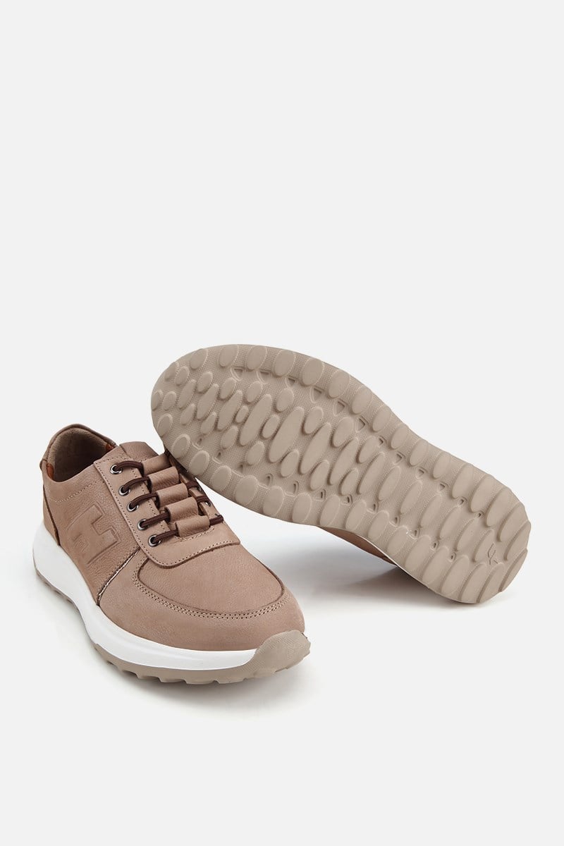Erkek Bej Nubuk Deri Bağcık Detaylı Sneaker