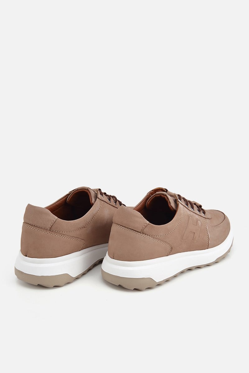 Erkek Bej Nubuk Deri Bağcık Detaylı Sneaker