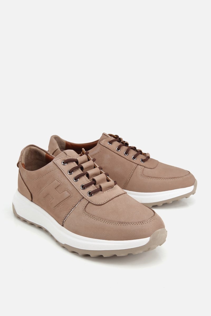 Erkek Bej Nubuk Deri Bağcık Detaylı Sneaker