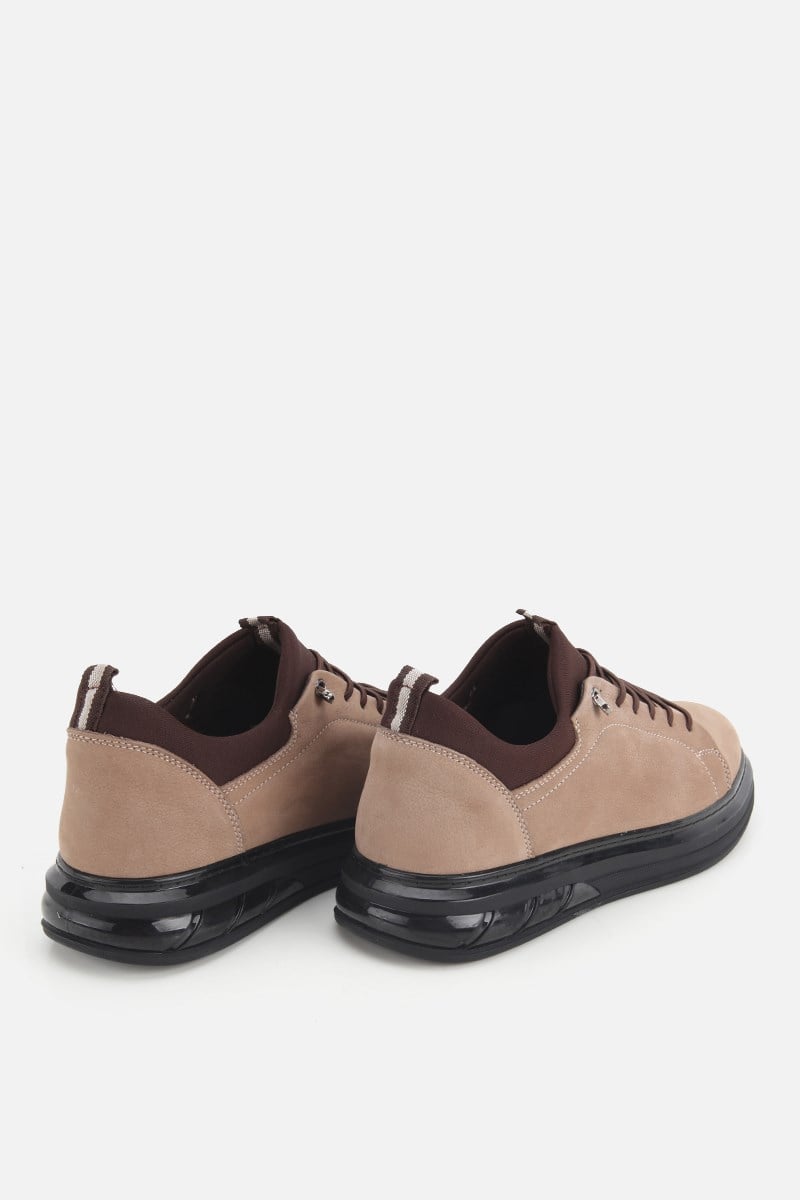 Erkek Bej Nubuk Deri Bağcıklı Sneaker