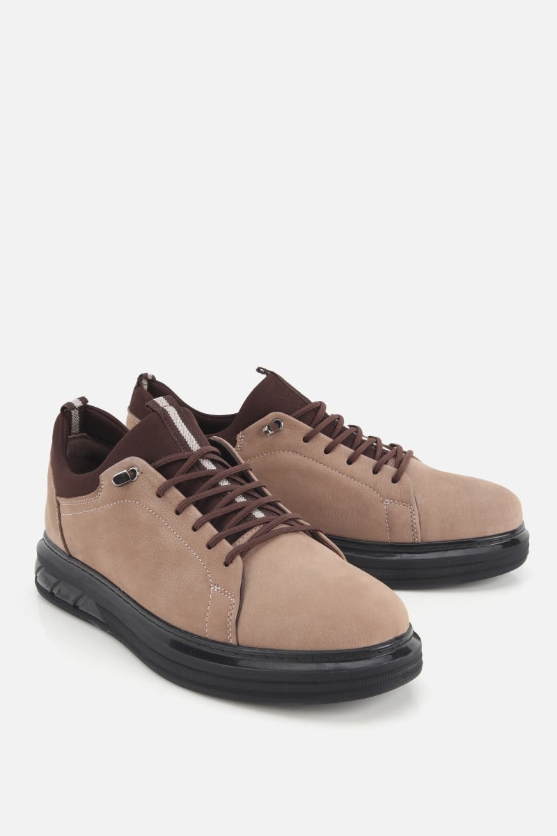 Erkek Bej Nubuk Deri Bağcıklı Sneaker