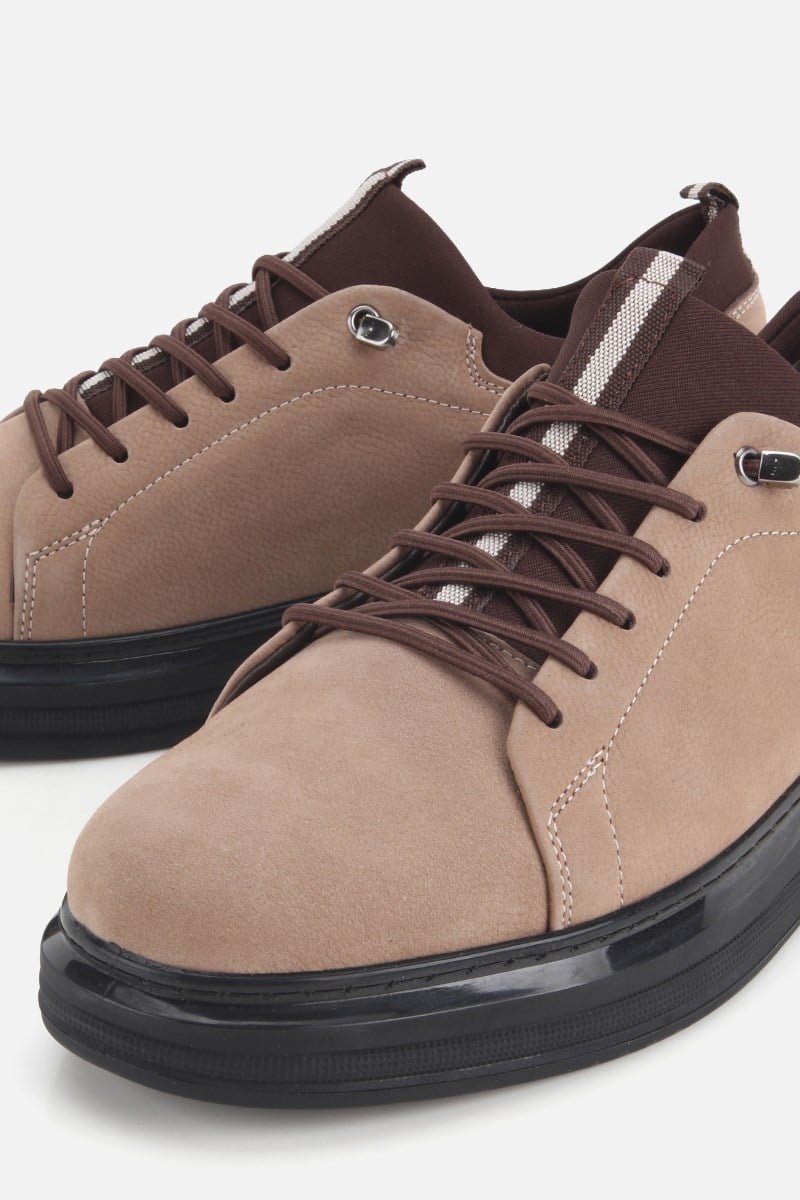 Erkek Bej Nubuk Deri Bağcıklı Sneaker