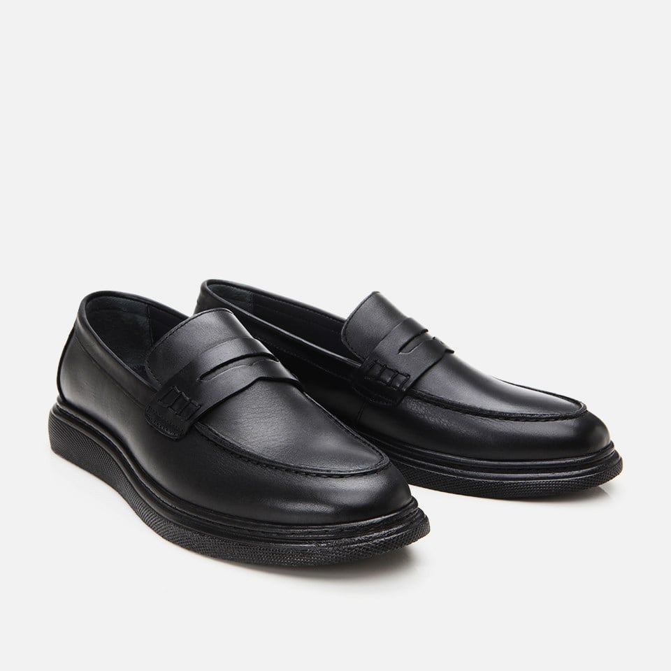 Erkek Deri Siyah Deri Hafif Tabanlı Klasik Loafer
