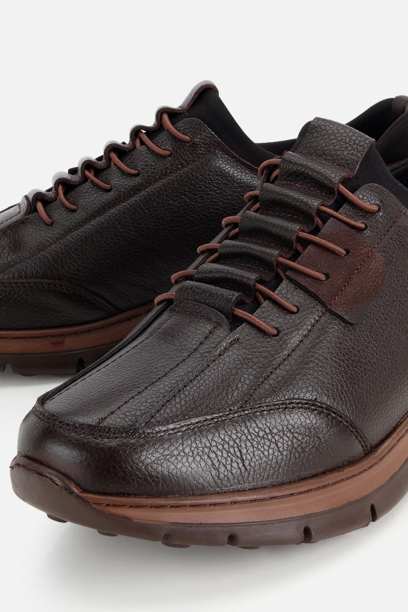 Erkek Kahverengi Deri Bağcık Detaylı Kalın Tabanlı Confort Sneaker